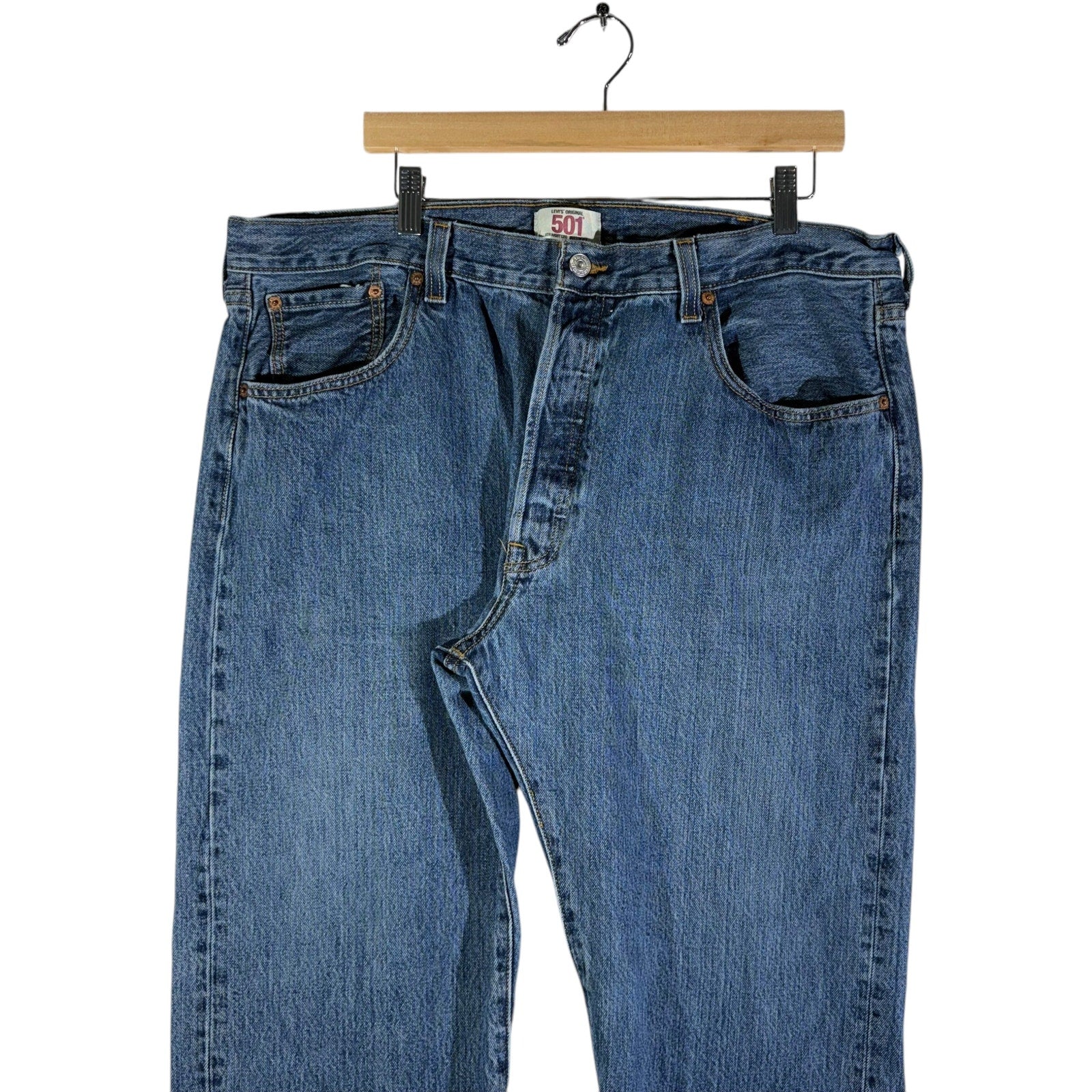 Collection of Levi Strauss 501 Denim Straight Leg Jeans 39 x 31.5 in a gallery layout