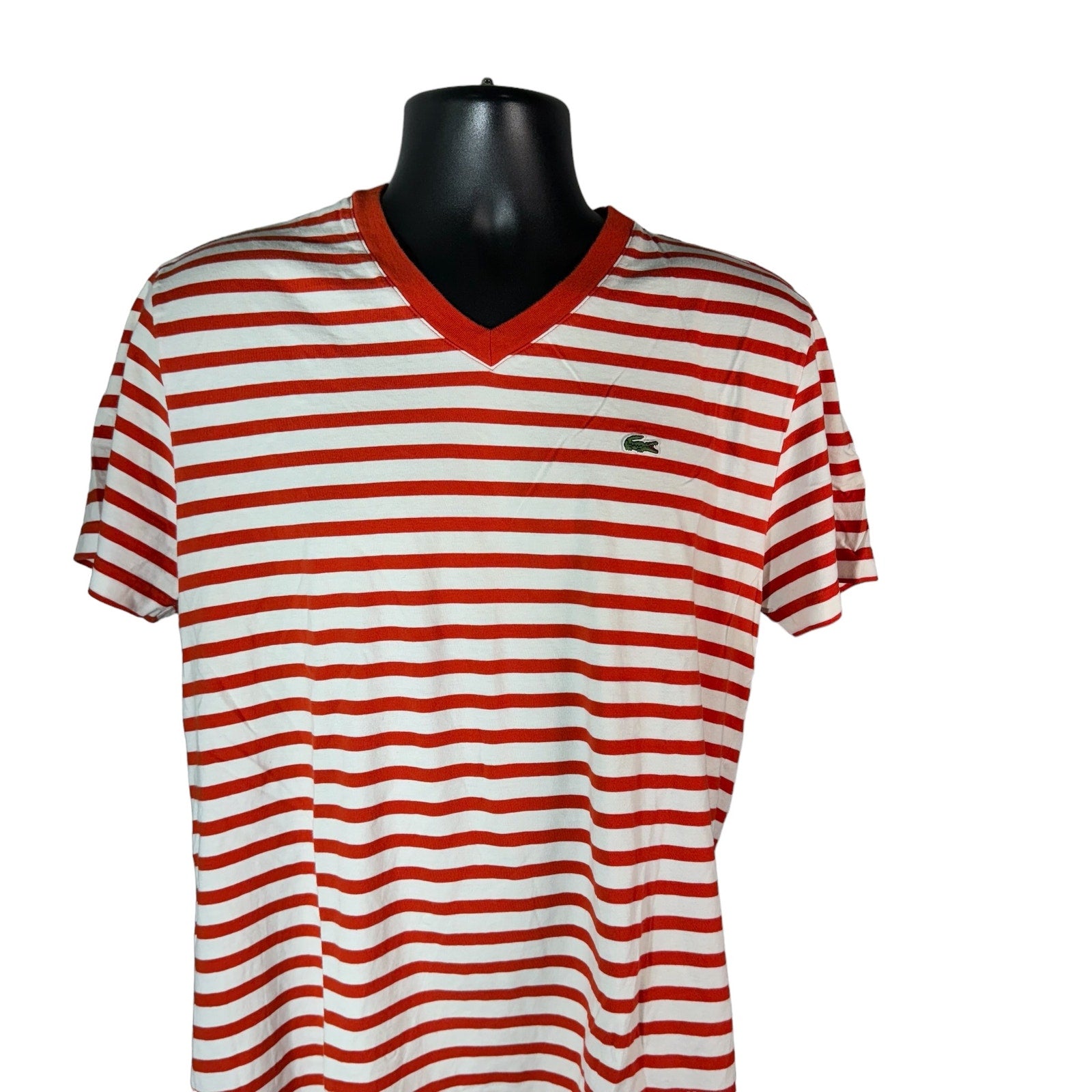 Collection of Lacoste Embroidered Logo Striped V Neck Tee in a gallery layout