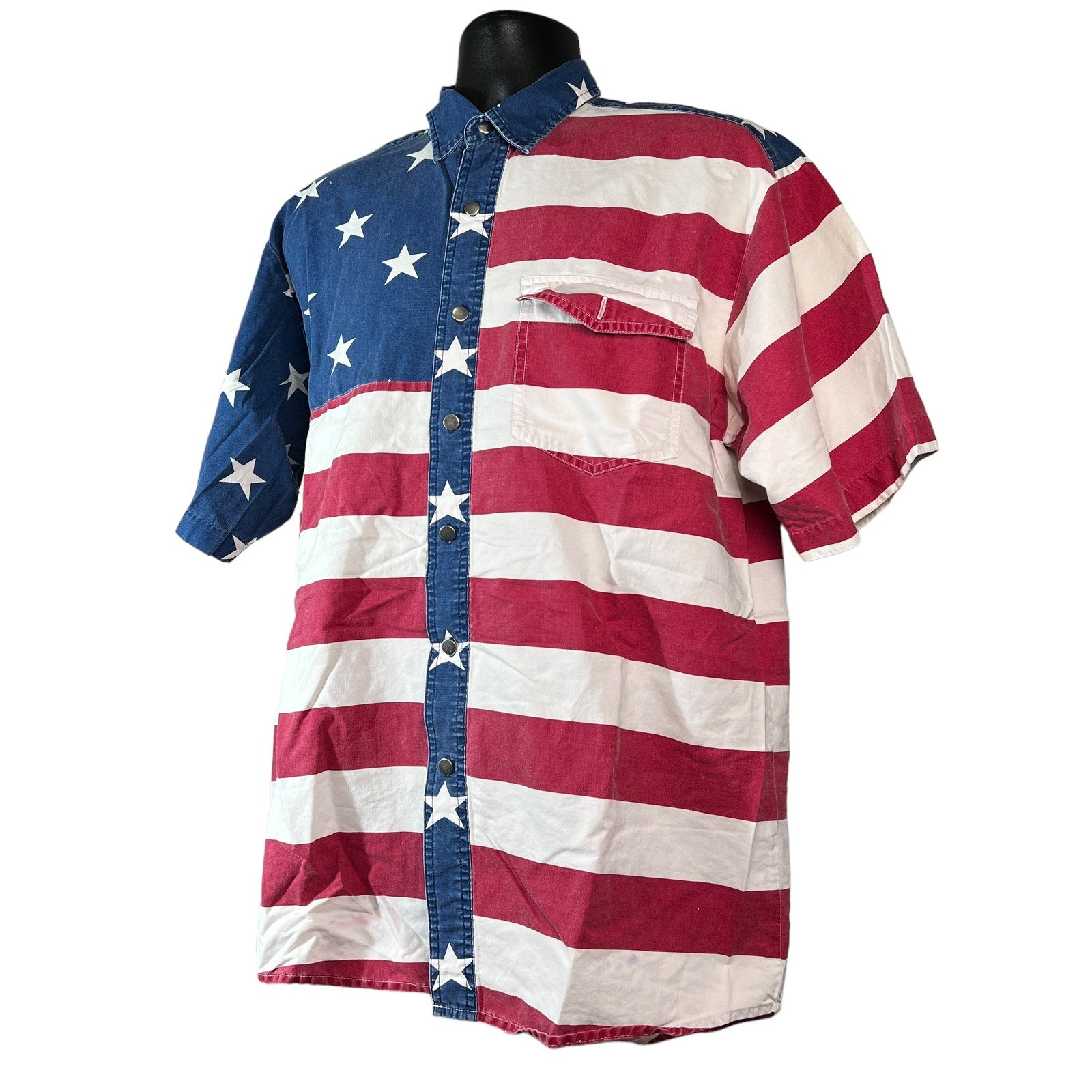 Collection of Vintage Wrangler Button Up American Flag Shirt in a gallery layout