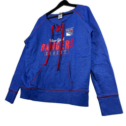 Collection of Youth NHL New York Rangers Chopped Hood 1/4 Lace Neck Crewneck in a gallery layout