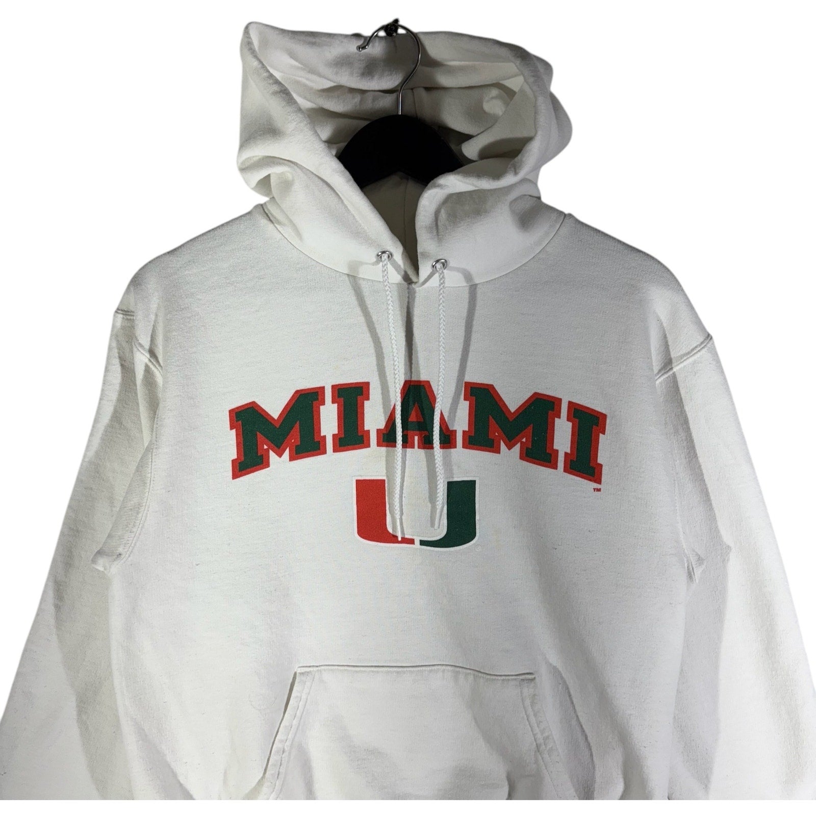 Collection of Champion University Of Miami Spellout Hoodie in a gallery layout