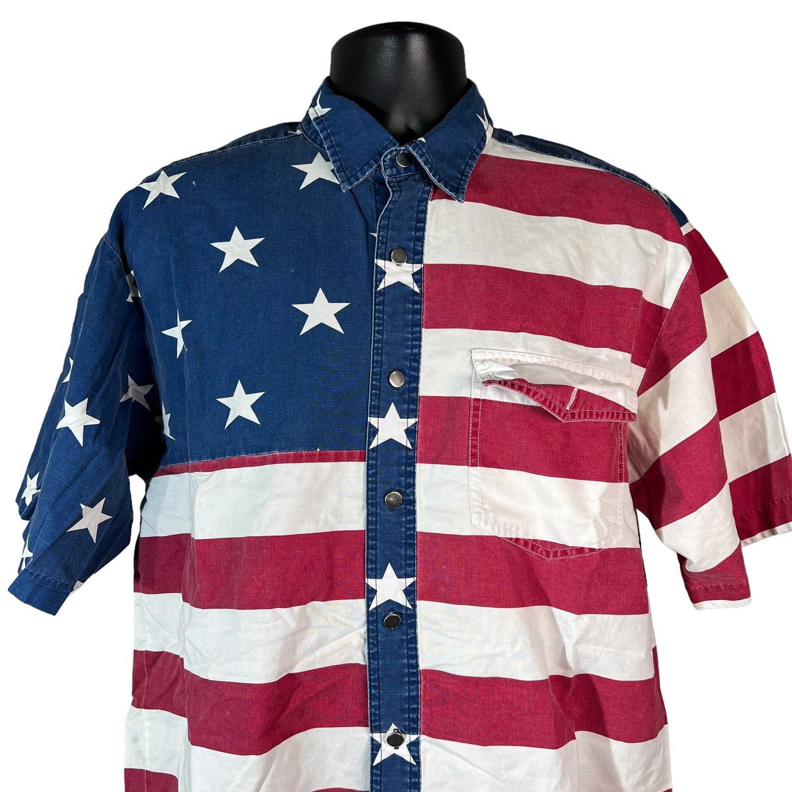 Collection of Vintage Wrangler Button Up American Flag Shirt in a gallery layout