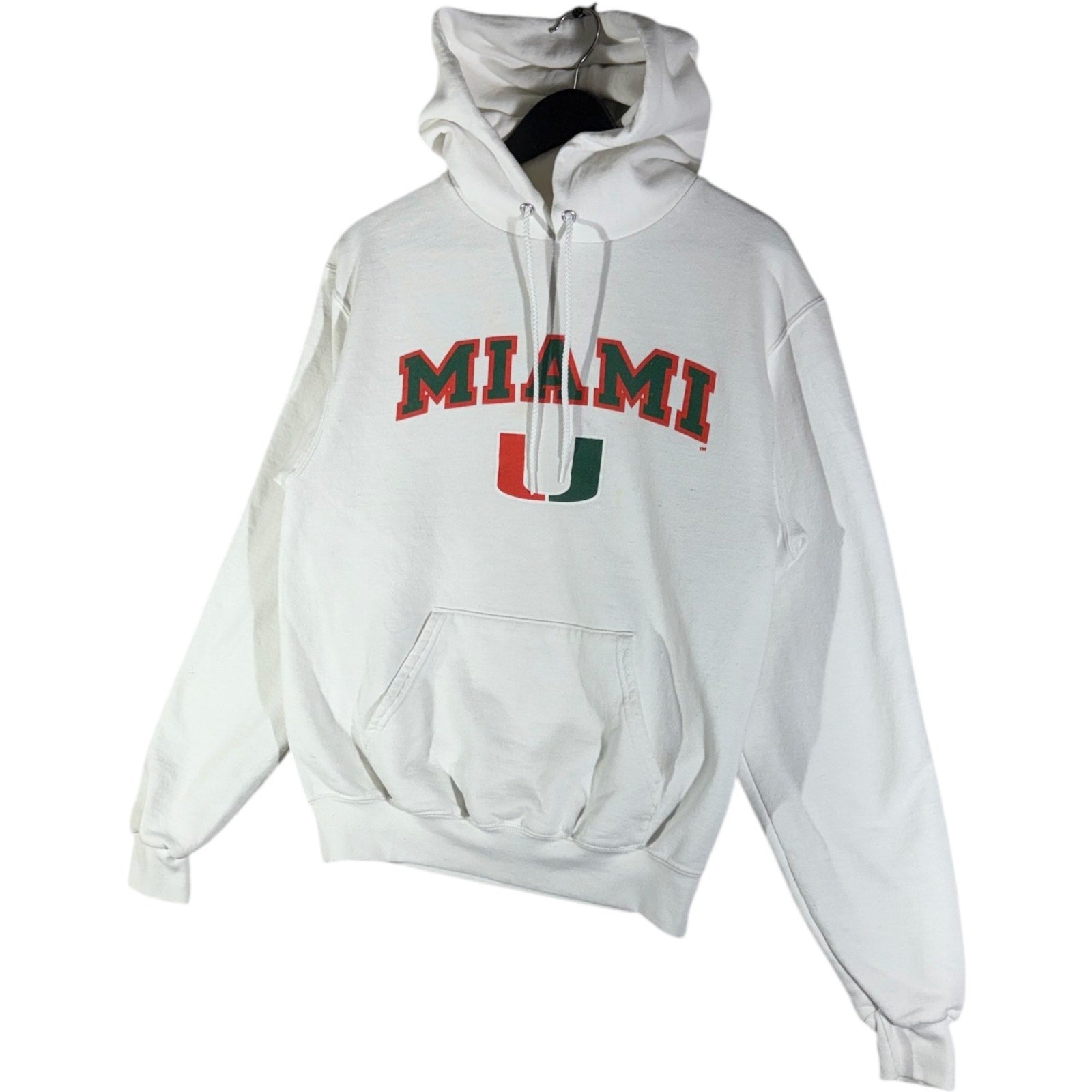 Collection of Champion University Of Miami Spellout Hoodie in a gallery layout