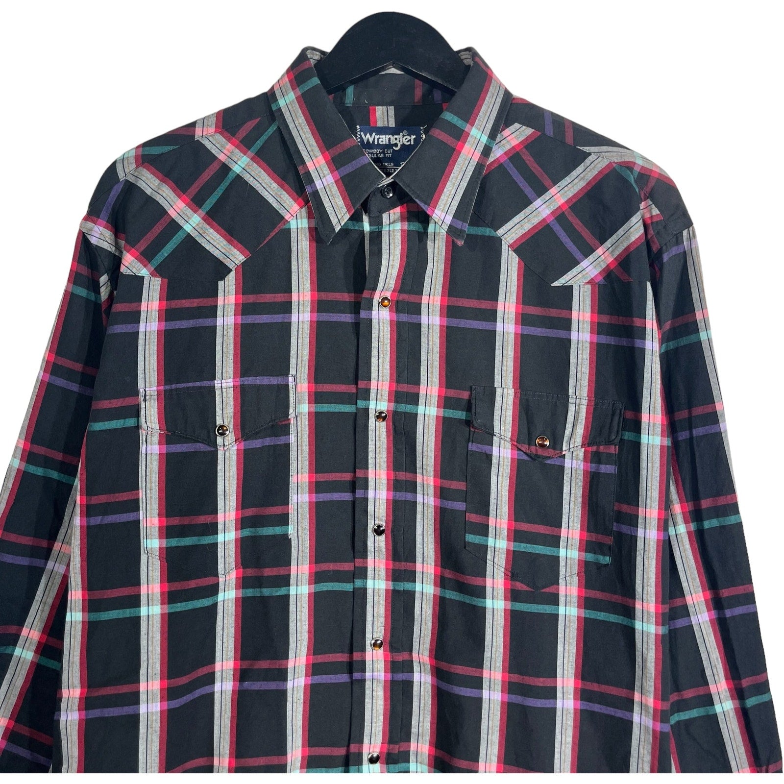 Collection of Vintage Wrangler Cowboy Cut Long Sleeve Plaid Button Down in a gallery layout