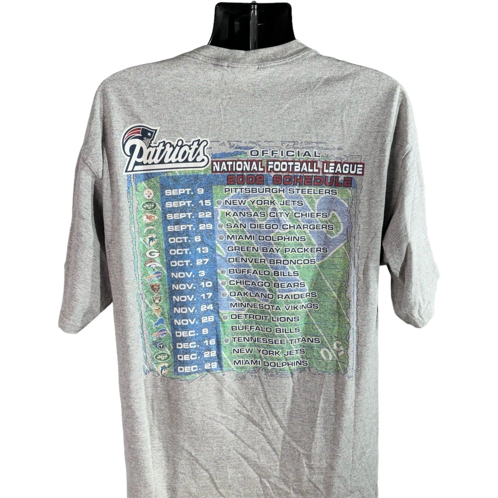 Collection of Vintage New England Patriots Season Schedule NFL Tee 2002 in a gallery layout