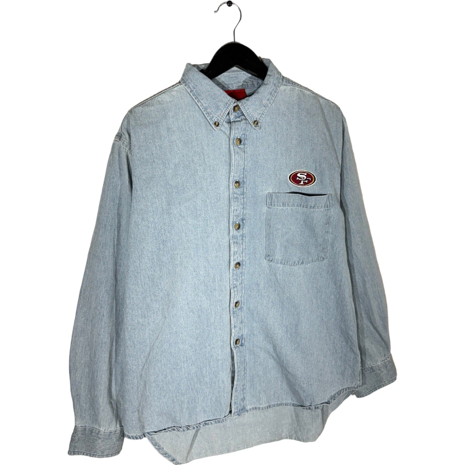 Collection of Vintage Reebok NFL SF 49er's Denim Long Sleeve Button Up in a gallery layout