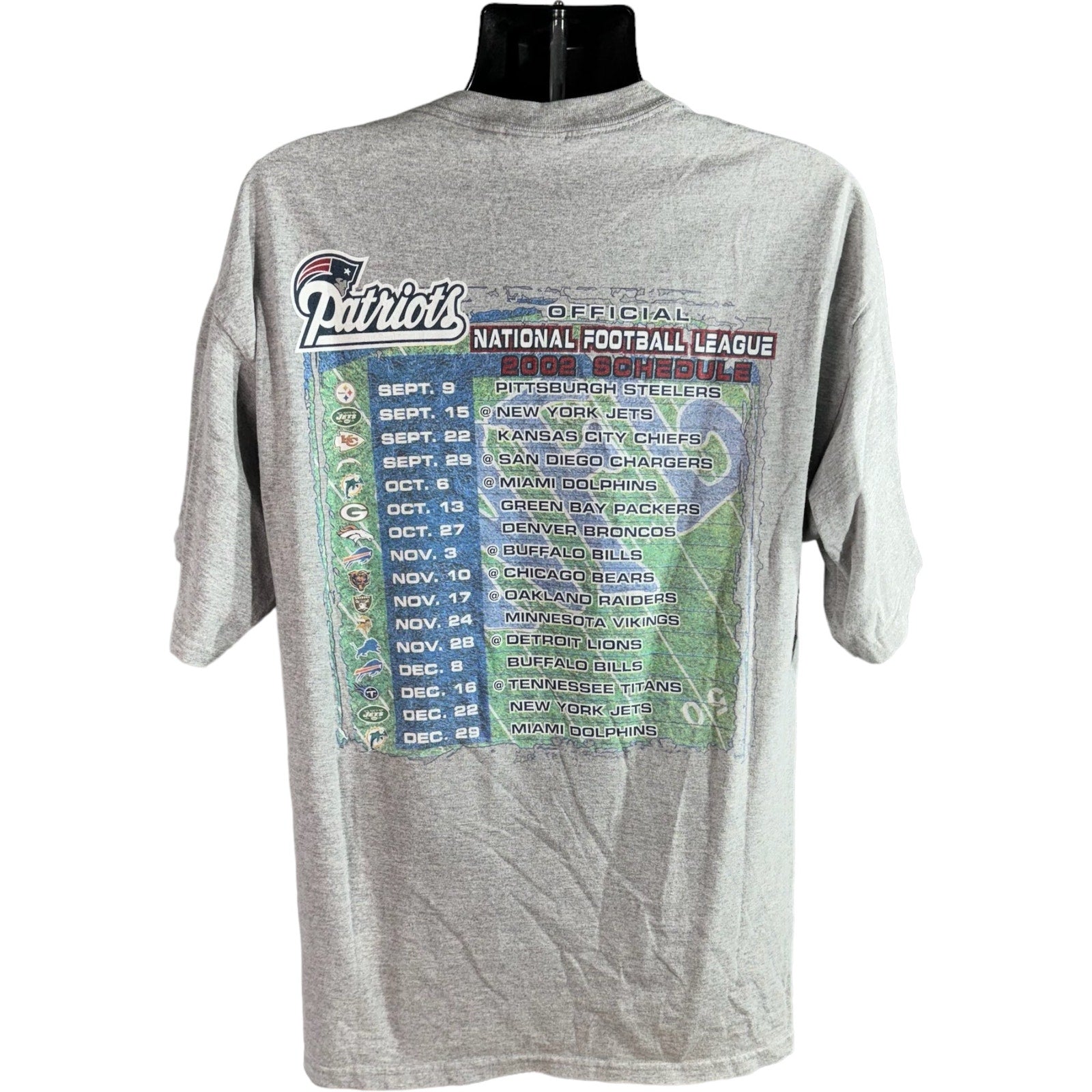 Collection of Vintage New England Patriots Season Schedule NFL Tee 2002 in a gallery layout