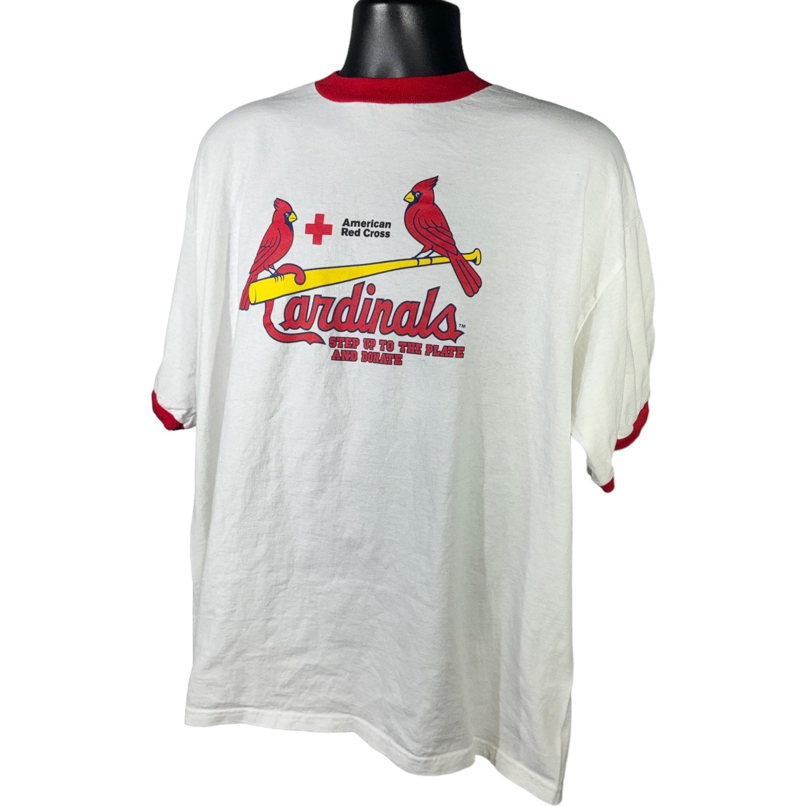 Collection of St. Louis Cardinals Red Cross Blood Drive MLB Ringer Tee in a gallery layout