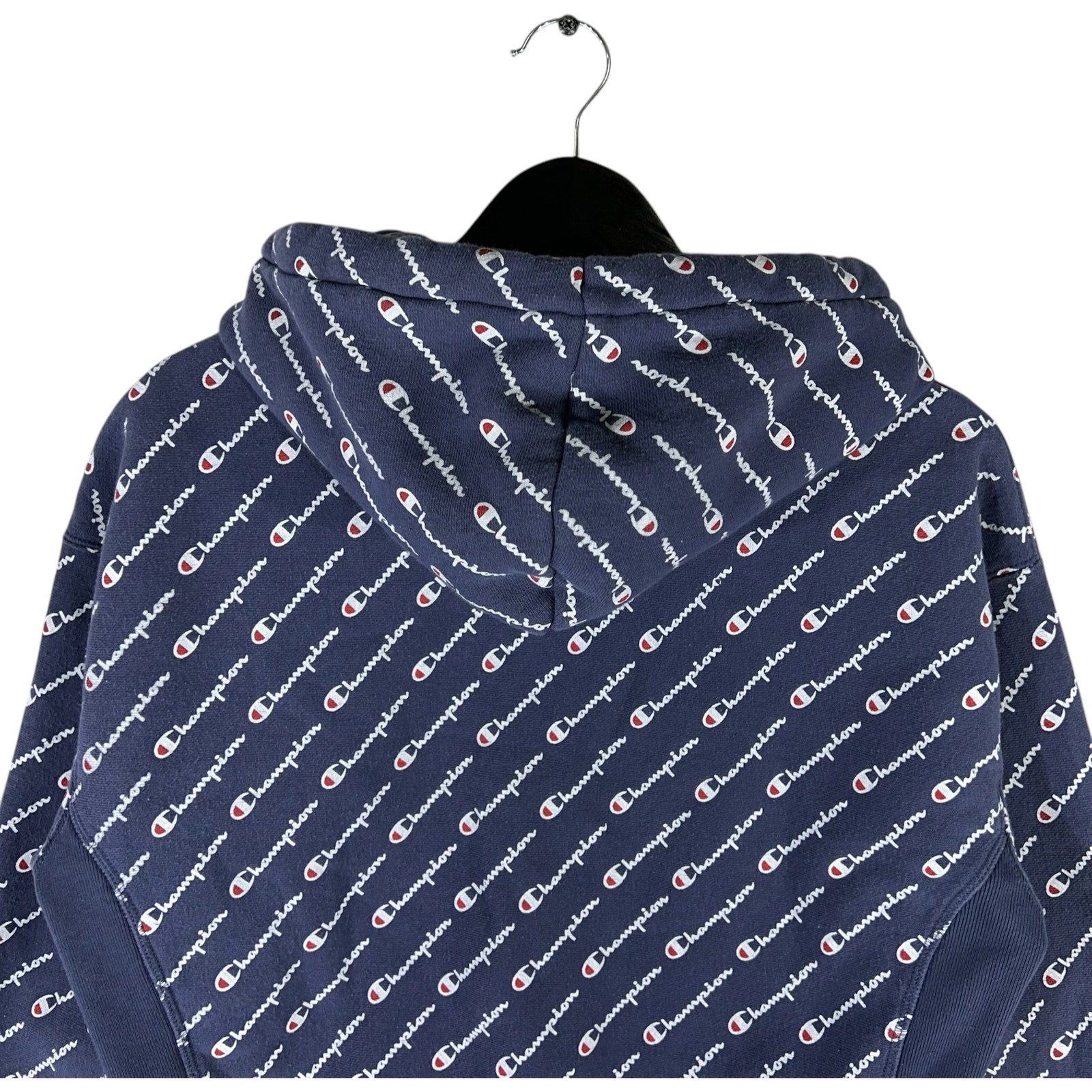 Collection of Vintage Champion Reverse Weave All Over Print Spellout Logo Hoodie in a gallery layout