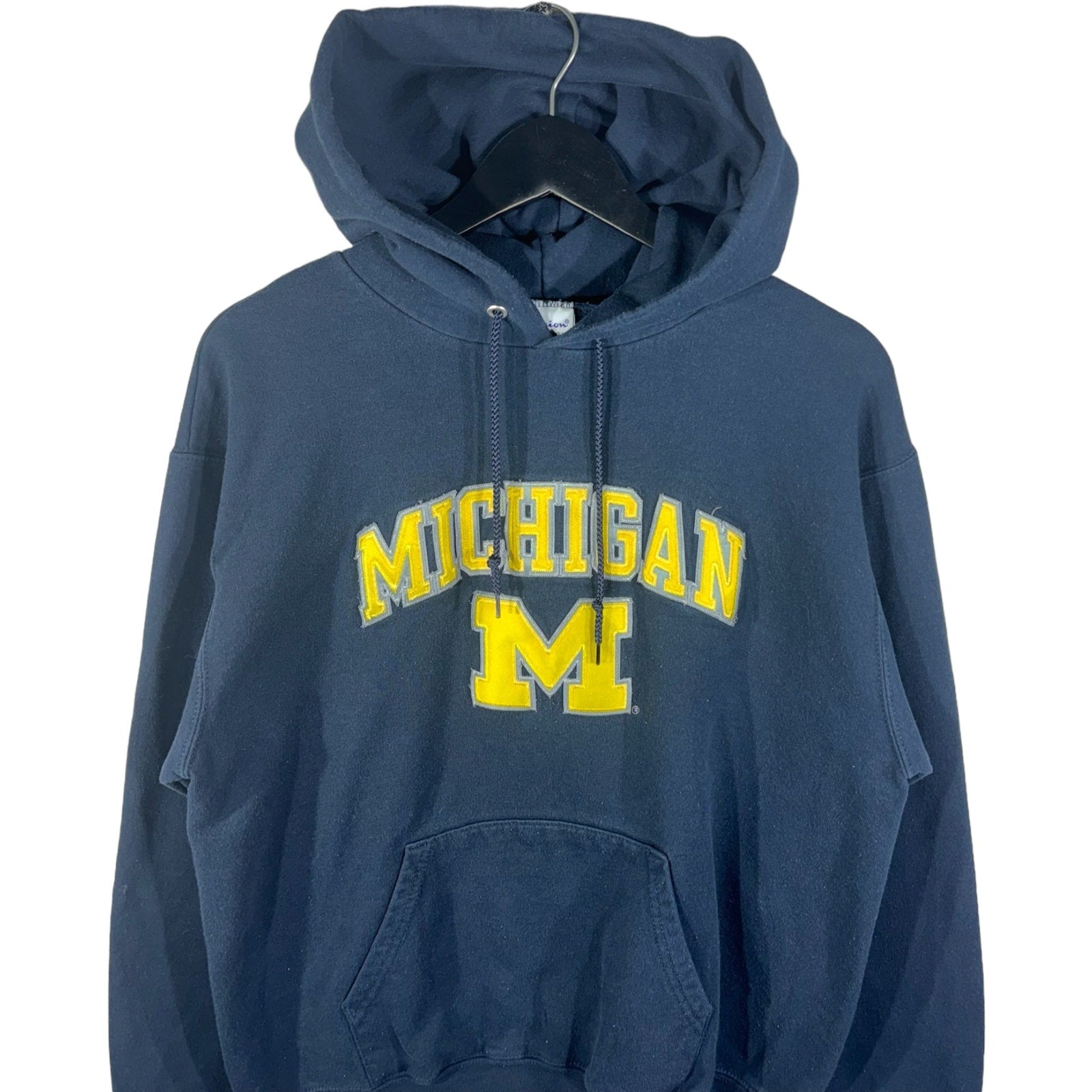 Collection of Champion University Of Michigan Spellout Hoodie in a gallery layout