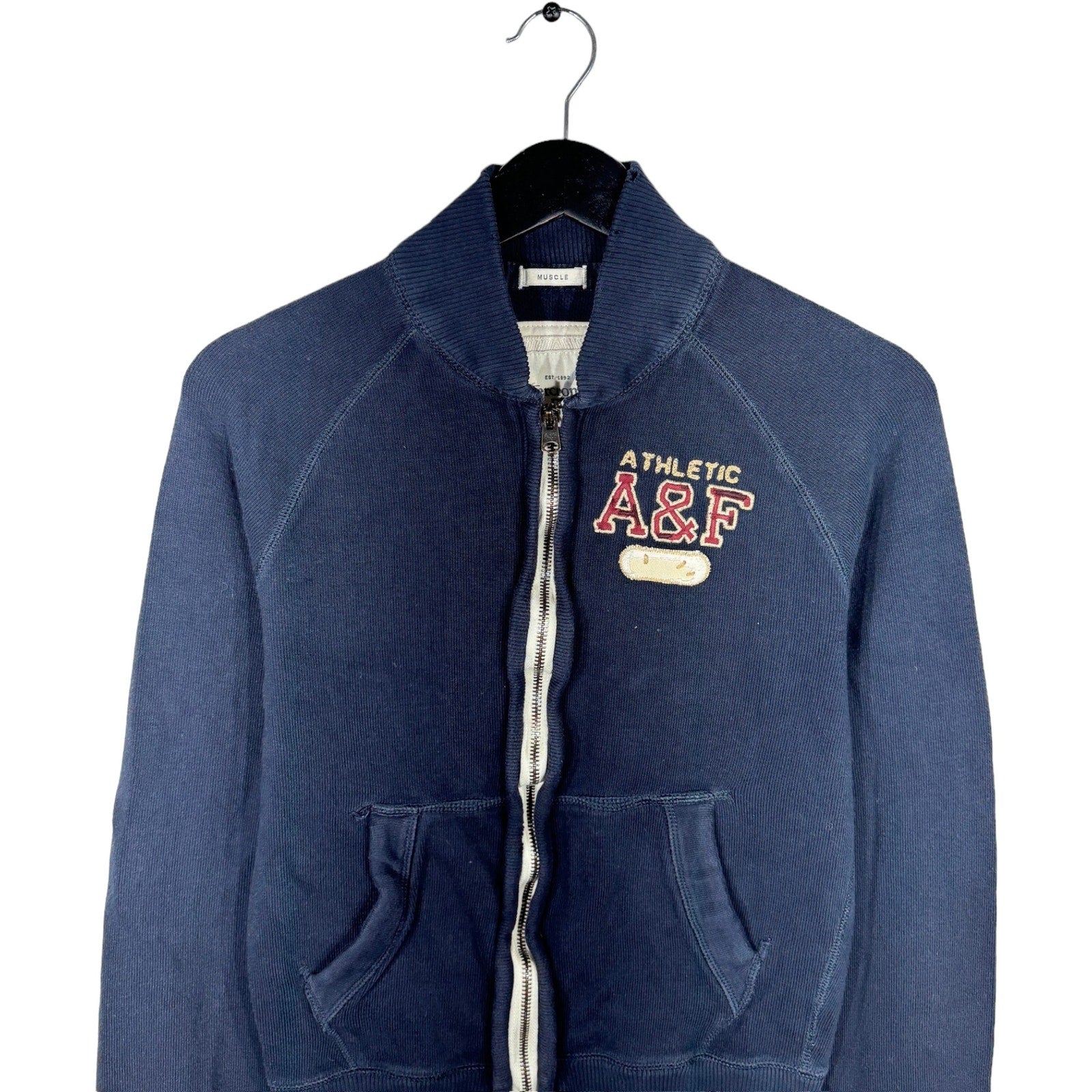 Collection of Abercrombie & Fitch Muscle Fit Full Zip Cotton Knit Jacket in a gallery layout