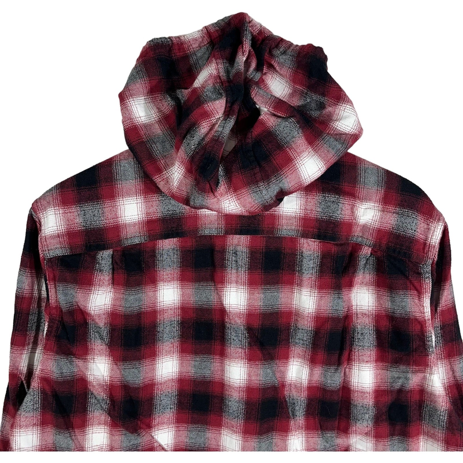 Collection of American Eagle Plaid Long Sleeve Hooded Flannel in a gallery layout