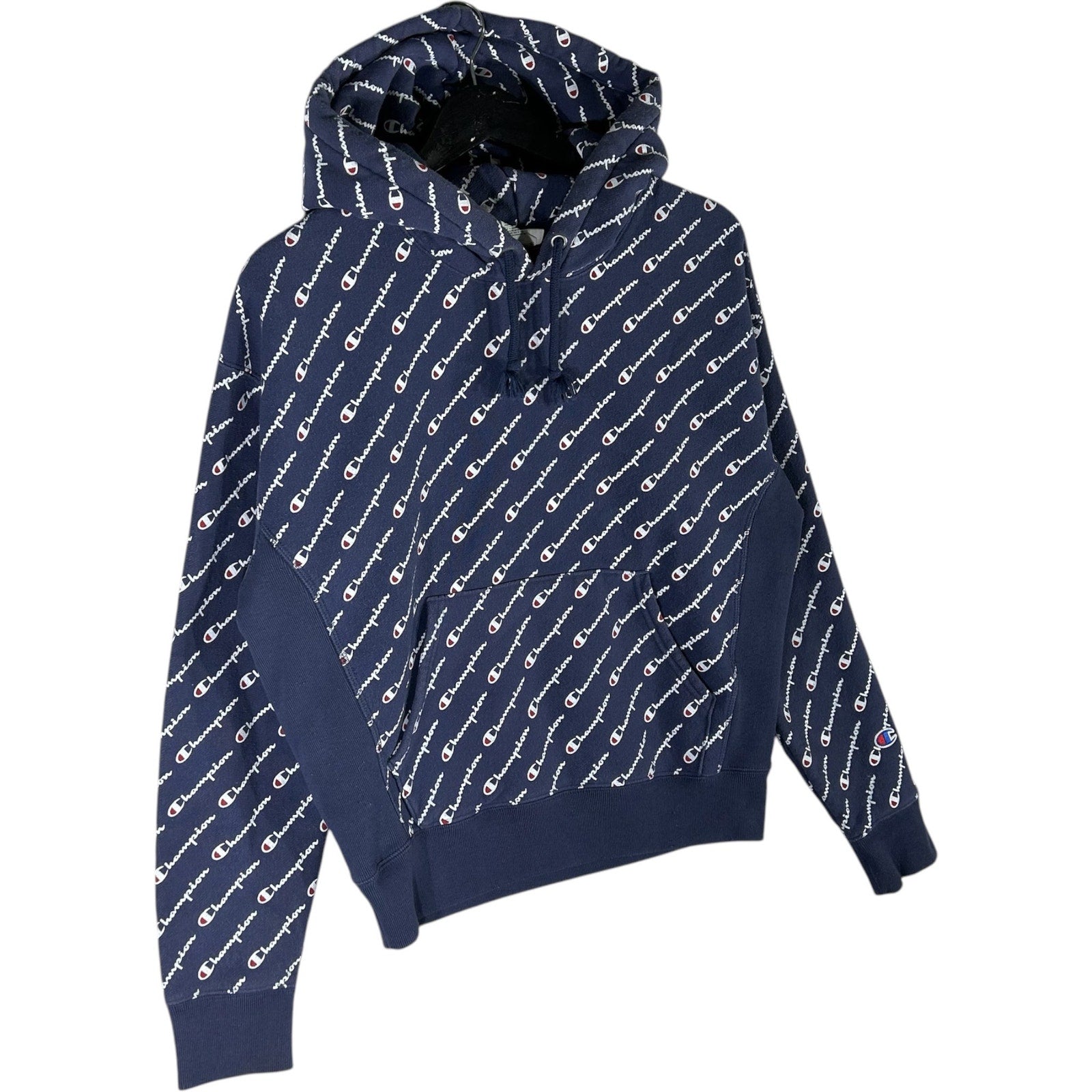 Collection of Vintage Champion Reverse Weave All Over Print Spellout Logo Hoodie in a gallery layout