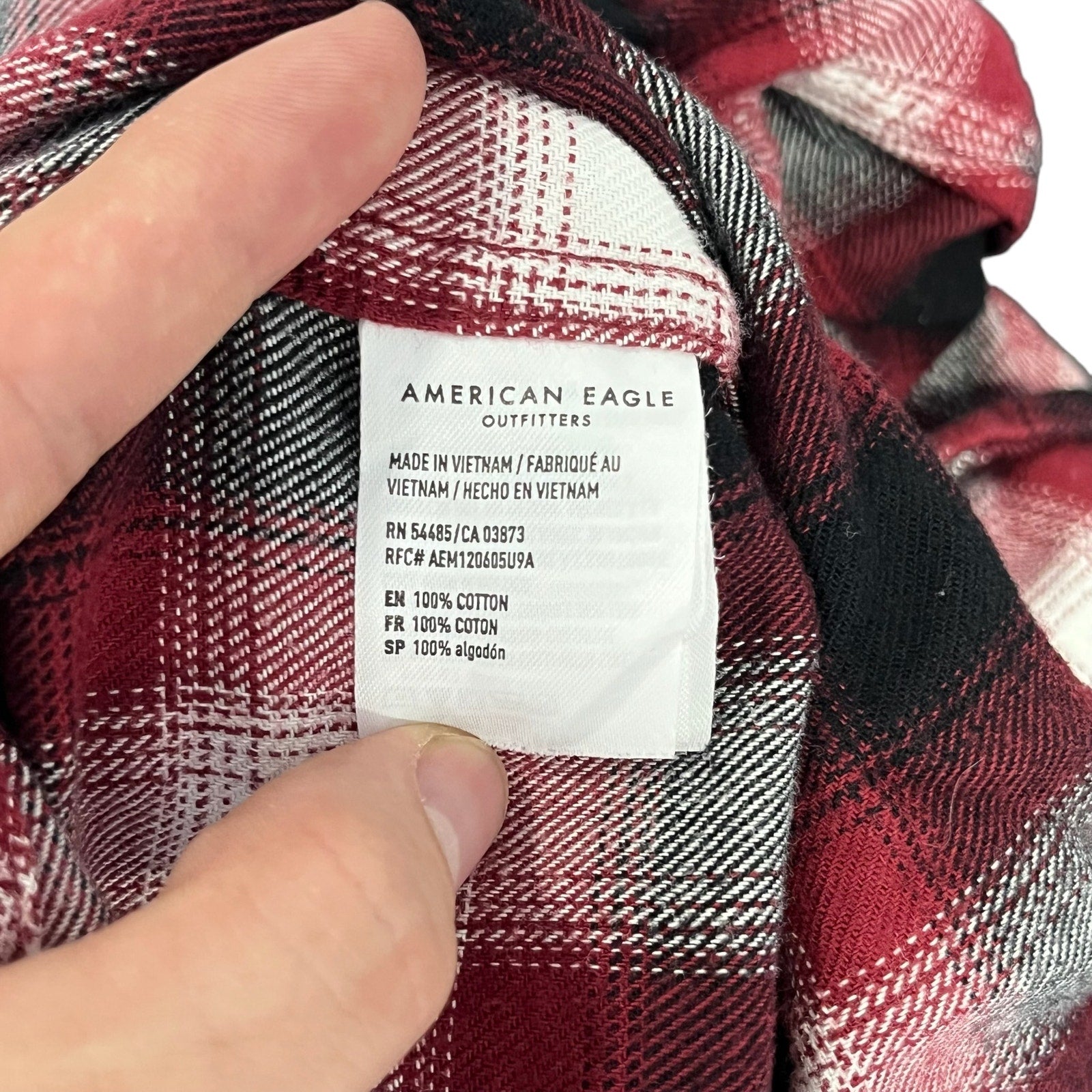 Collection of American Eagle Plaid Long Sleeve Hooded Flannel in a gallery layout