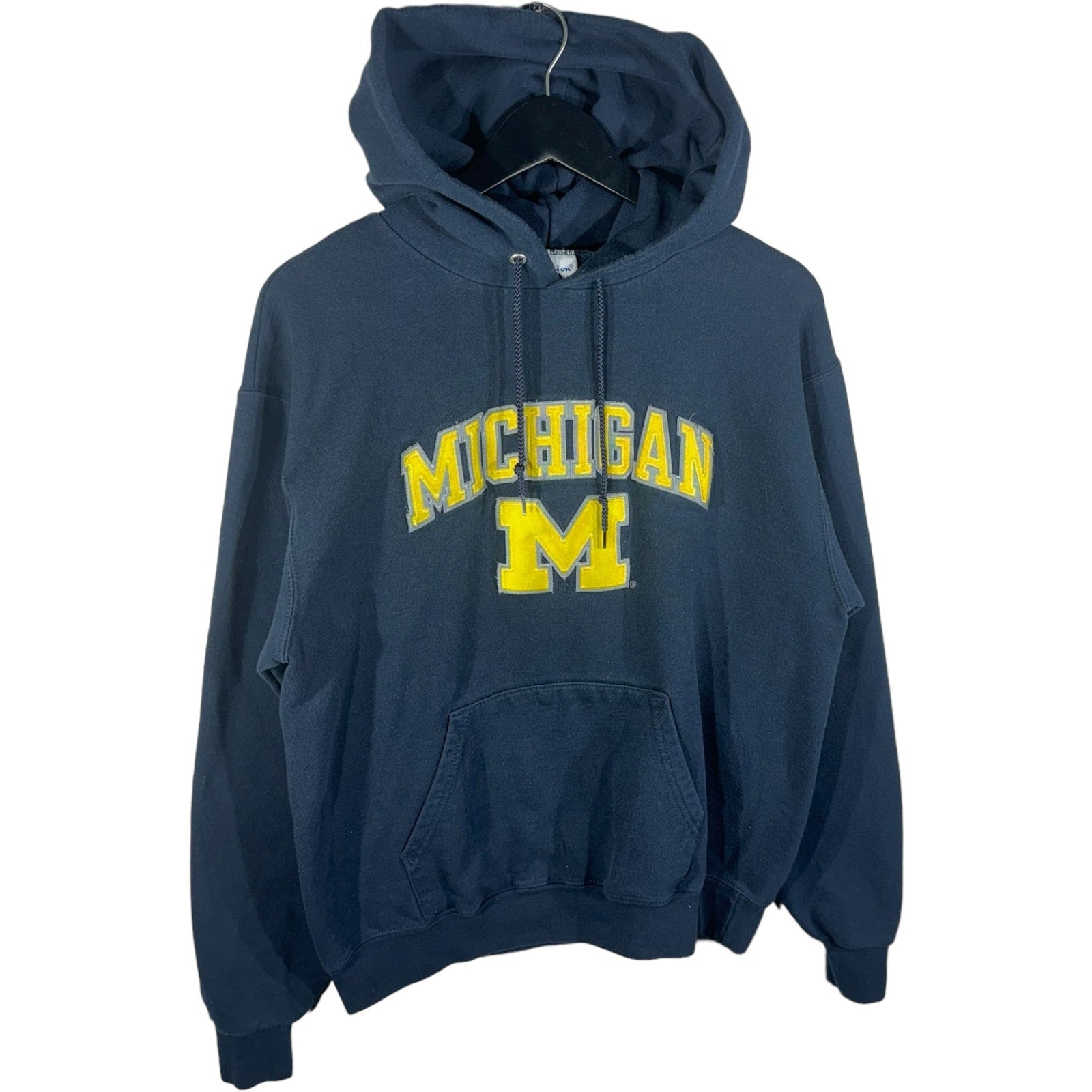 Collection of Champion University Of Michigan Spellout Hoodie in a gallery layout
