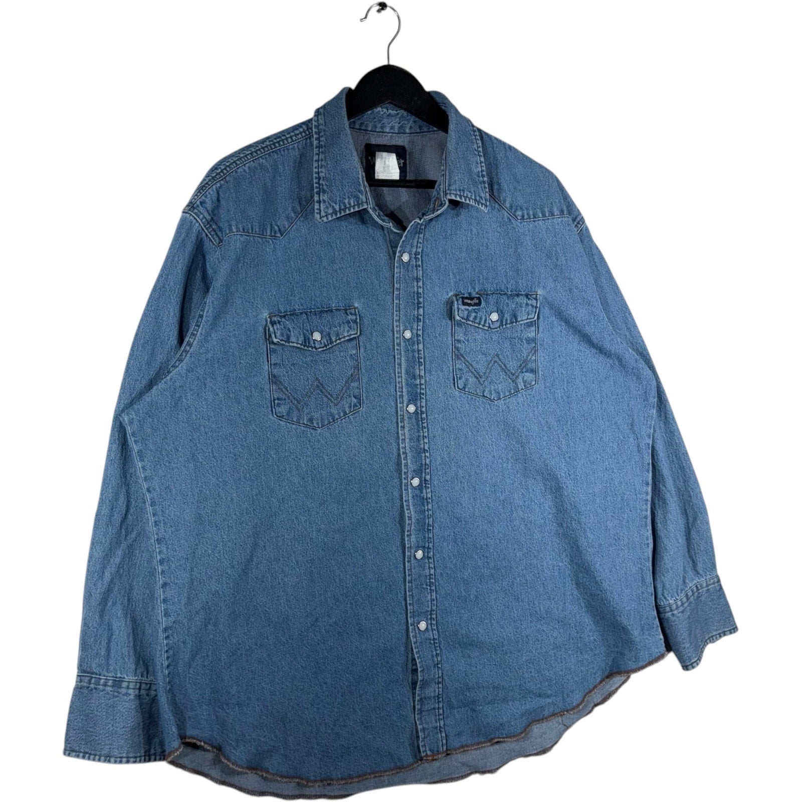 Collection of Vintage Wrangler Pearl Snap Chambray Long Sleeve Button Up 80s in a gallery layout