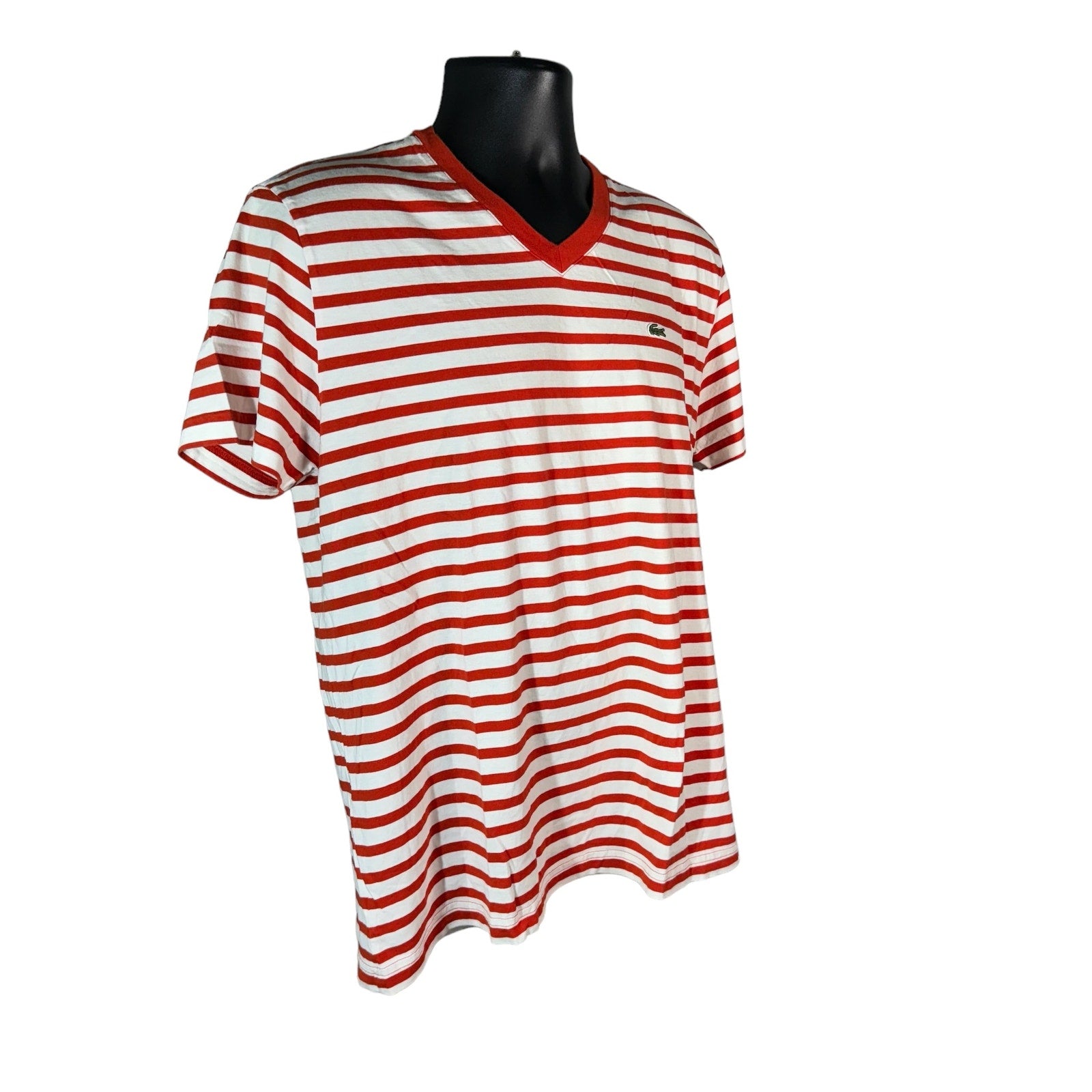 Collection of Lacoste Embroidered Logo Striped V Neck Tee in a gallery layout