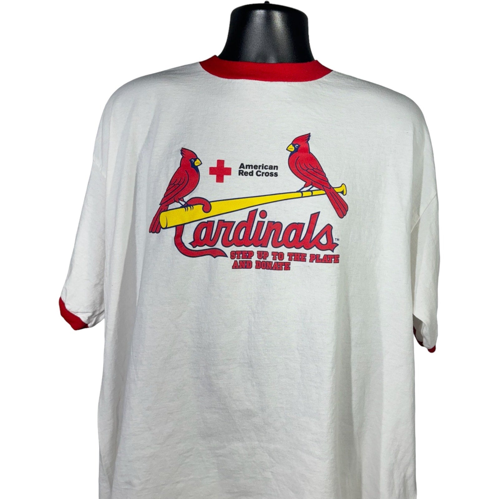 Collection of St. Louis Cardinals Red Cross Blood Drive MLB Ringer Tee in a gallery layout