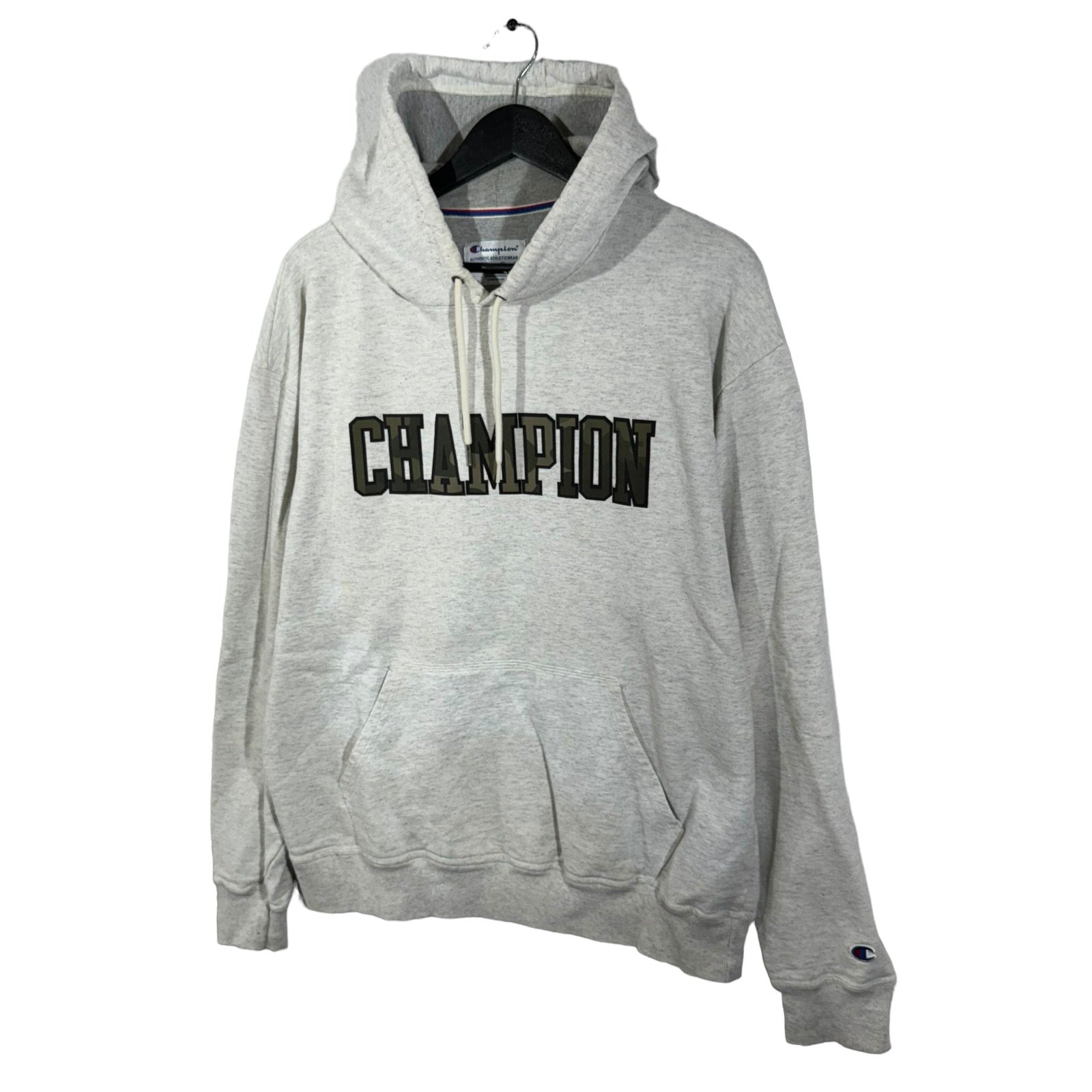 Collection of Champion Camouflage Print Spellout Hoodie in a gallery layout