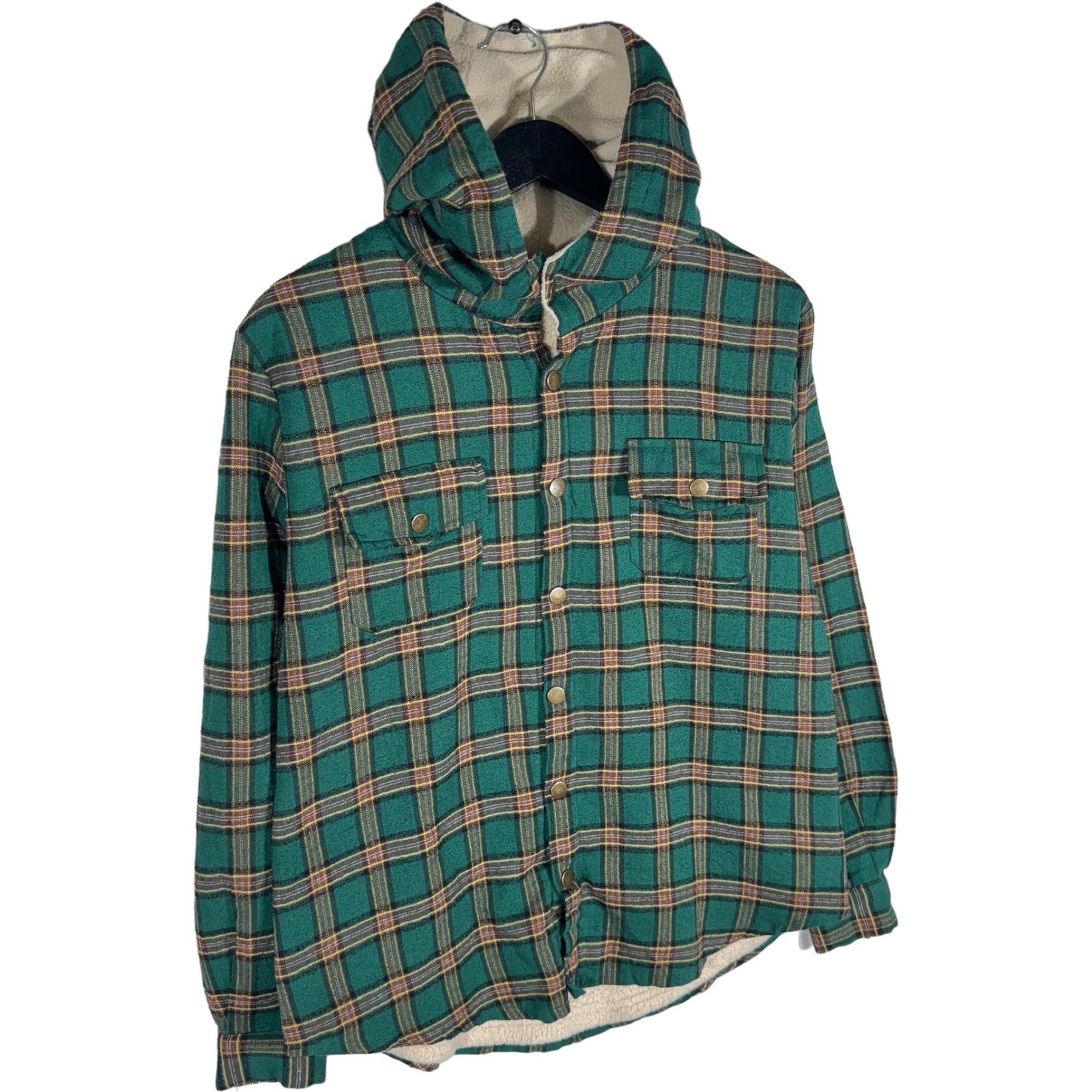 Collection of Zara Man Sherpa Lined Plaid Hooded Flannel Jacket in a gallery layout