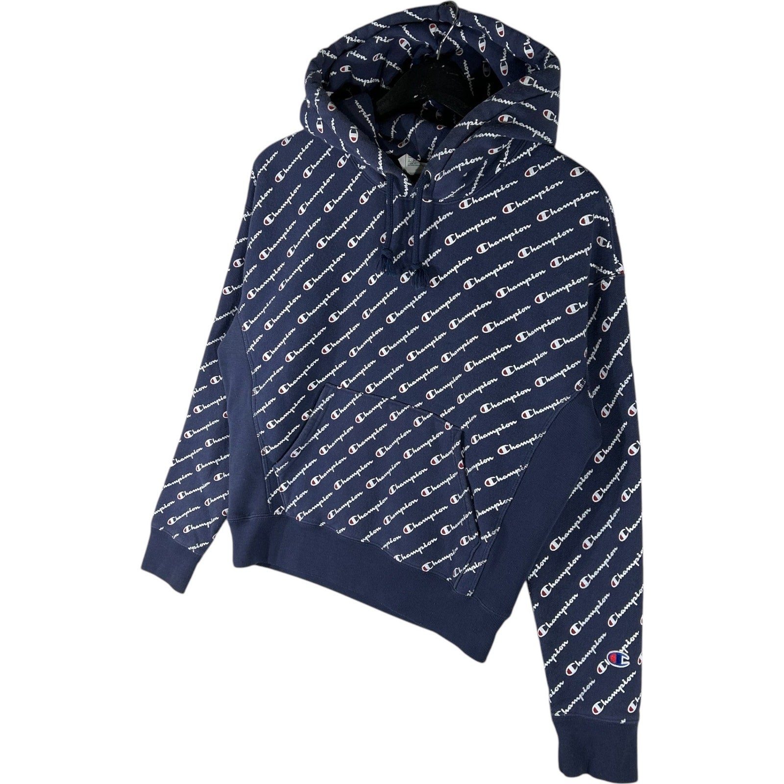 Collection of Vintage Champion Reverse Weave All Over Print Spellout Logo Hoodie in a gallery layout