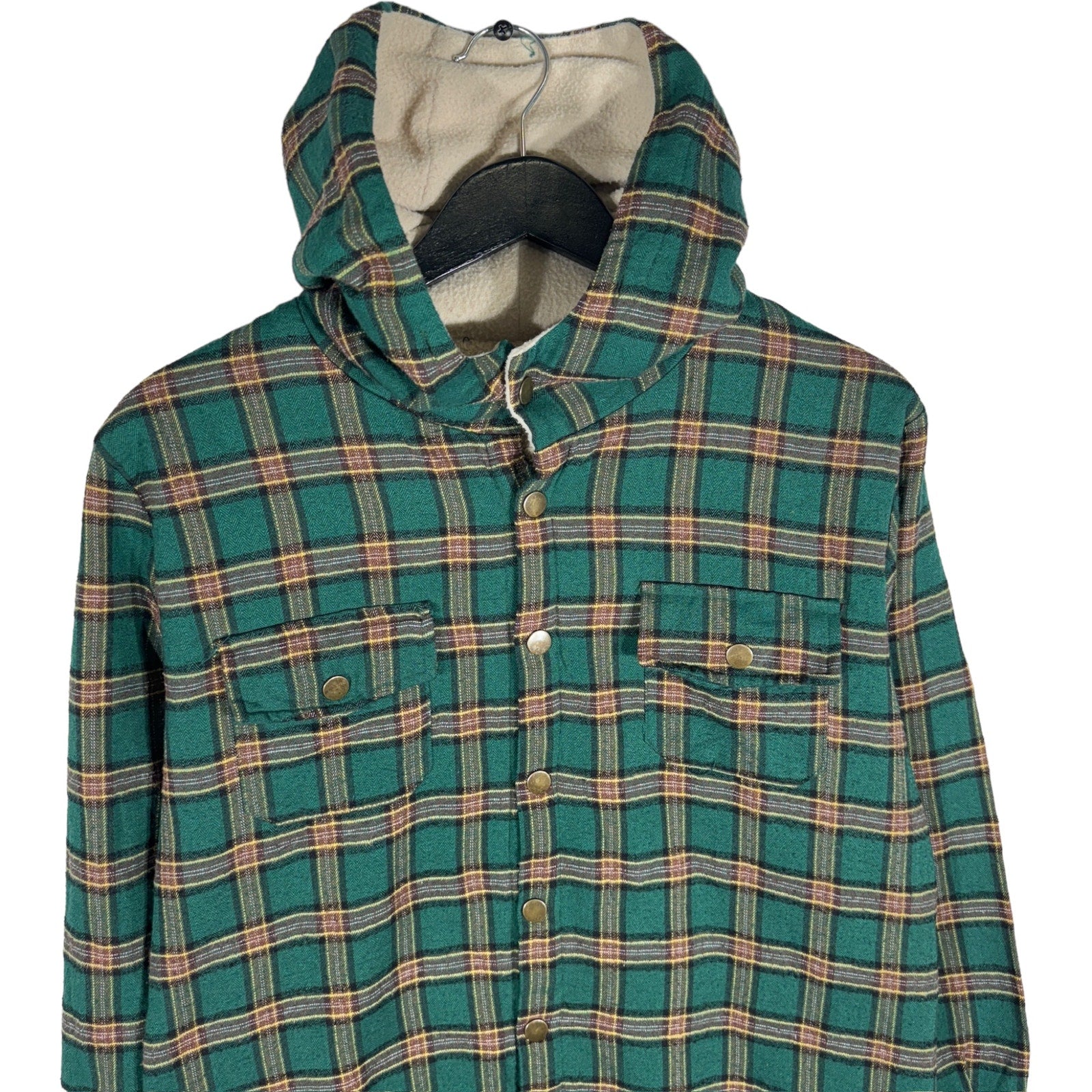 Collection of Zara Man Sherpa Lined Plaid Hooded Flannel Jacket in a gallery layout