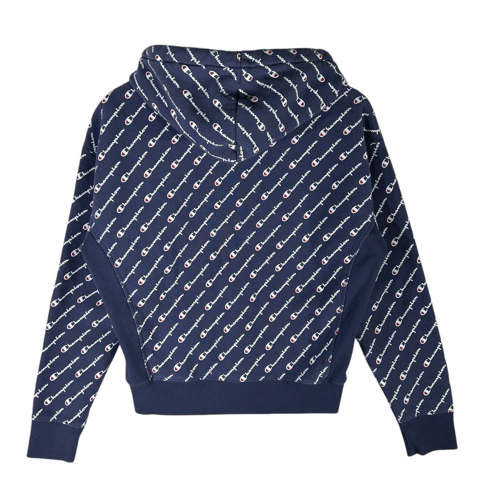 Collection of Vintage Champion Reverse Weave All Over Print Spellout Logo Hoodie in a gallery layout