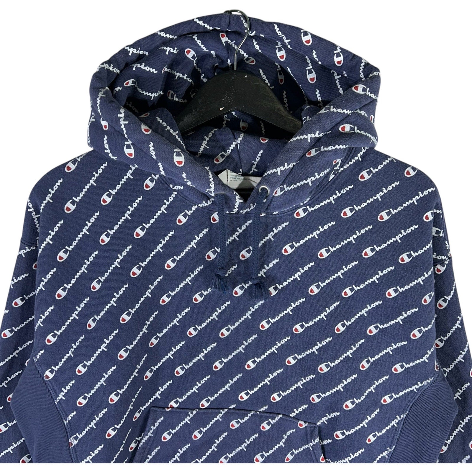 Collection of Vintage Champion Reverse Weave All Over Print Spellout Logo Hoodie in a gallery layout