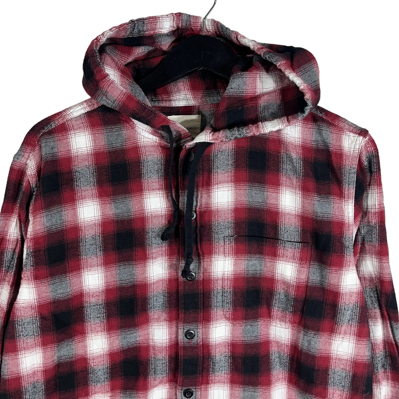 Collection of American Eagle Plaid Long Sleeve Hooded Flannel in a gallery layout