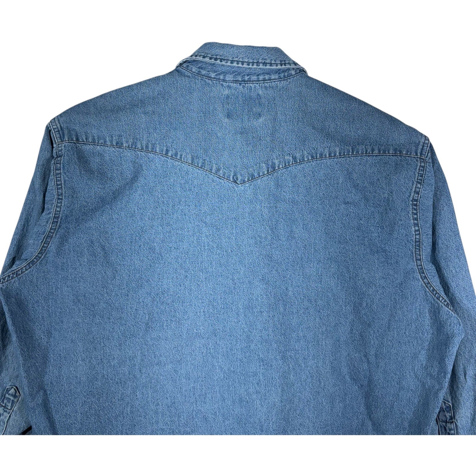 Collection of Vintage Wrangler Pearl Snap Chambray Long Sleeve Button Up 80s in a gallery layout