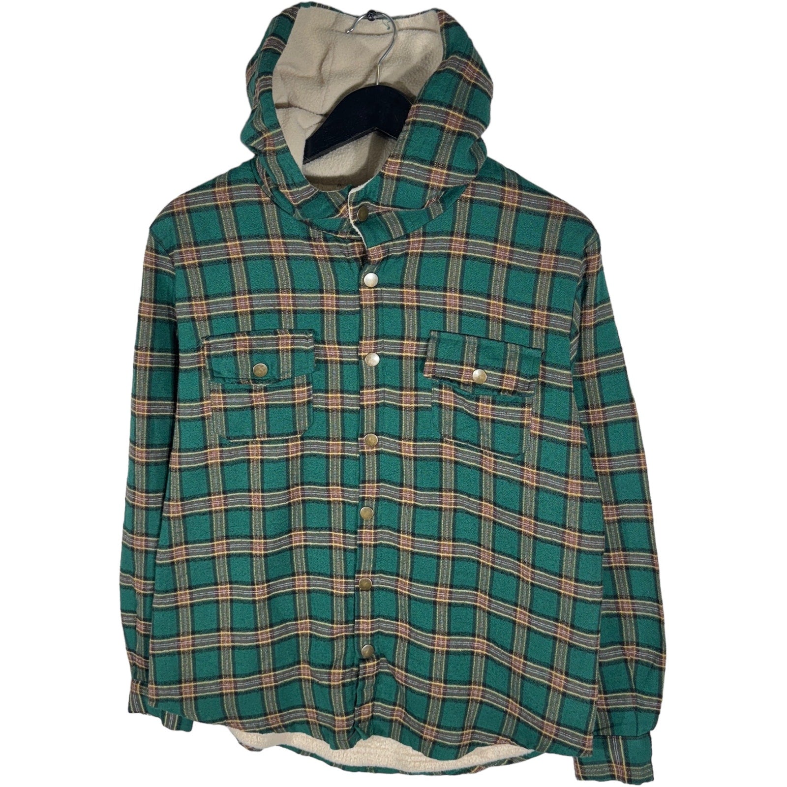 Collection of Zara Man Sherpa Lined Plaid Hooded Flannel Jacket in a gallery layout