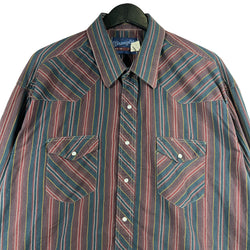 Collection of Wrangler Long Tail Striped Pearl Snap Button Down in a gallery layout