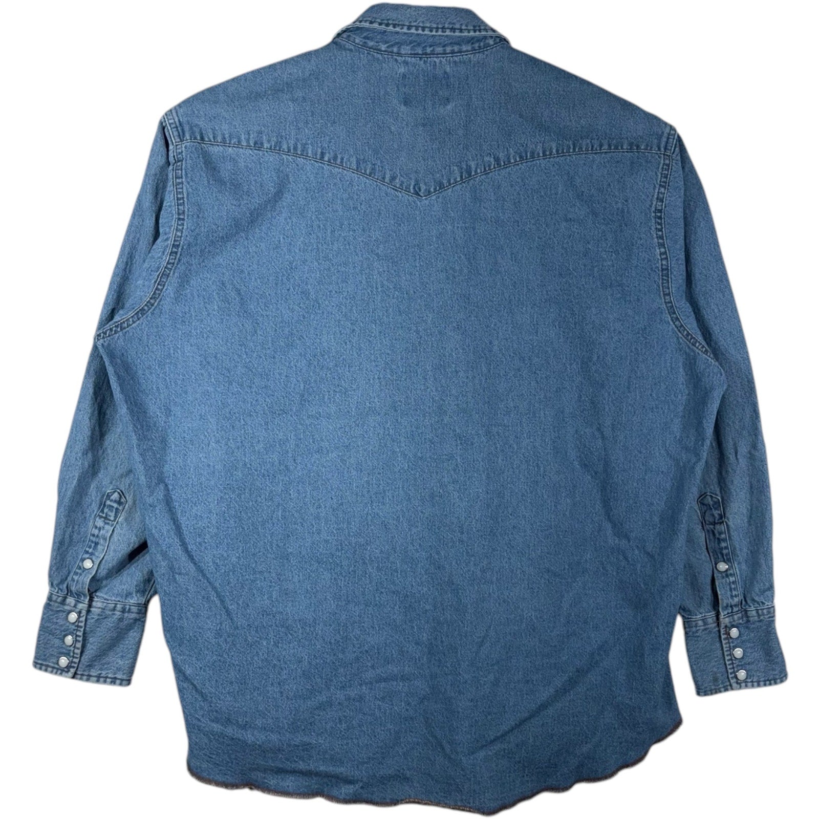 Collection of Vintage Wrangler Pearl Snap Chambray Long Sleeve Button Up 80s in a gallery layout