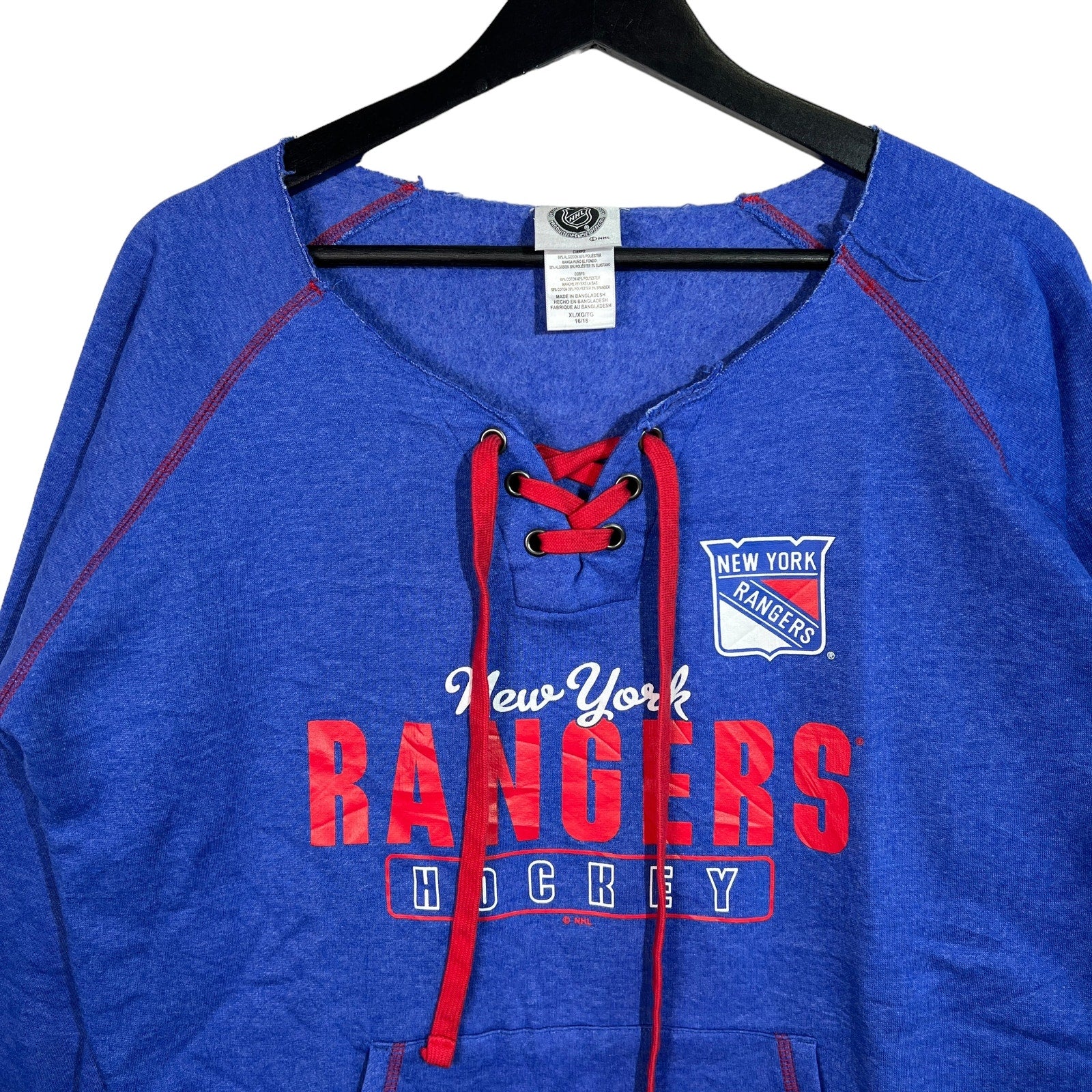 Collection of Youth NHL New York Rangers Chopped Hood 1/4 Lace Neck Crewneck in a gallery layout