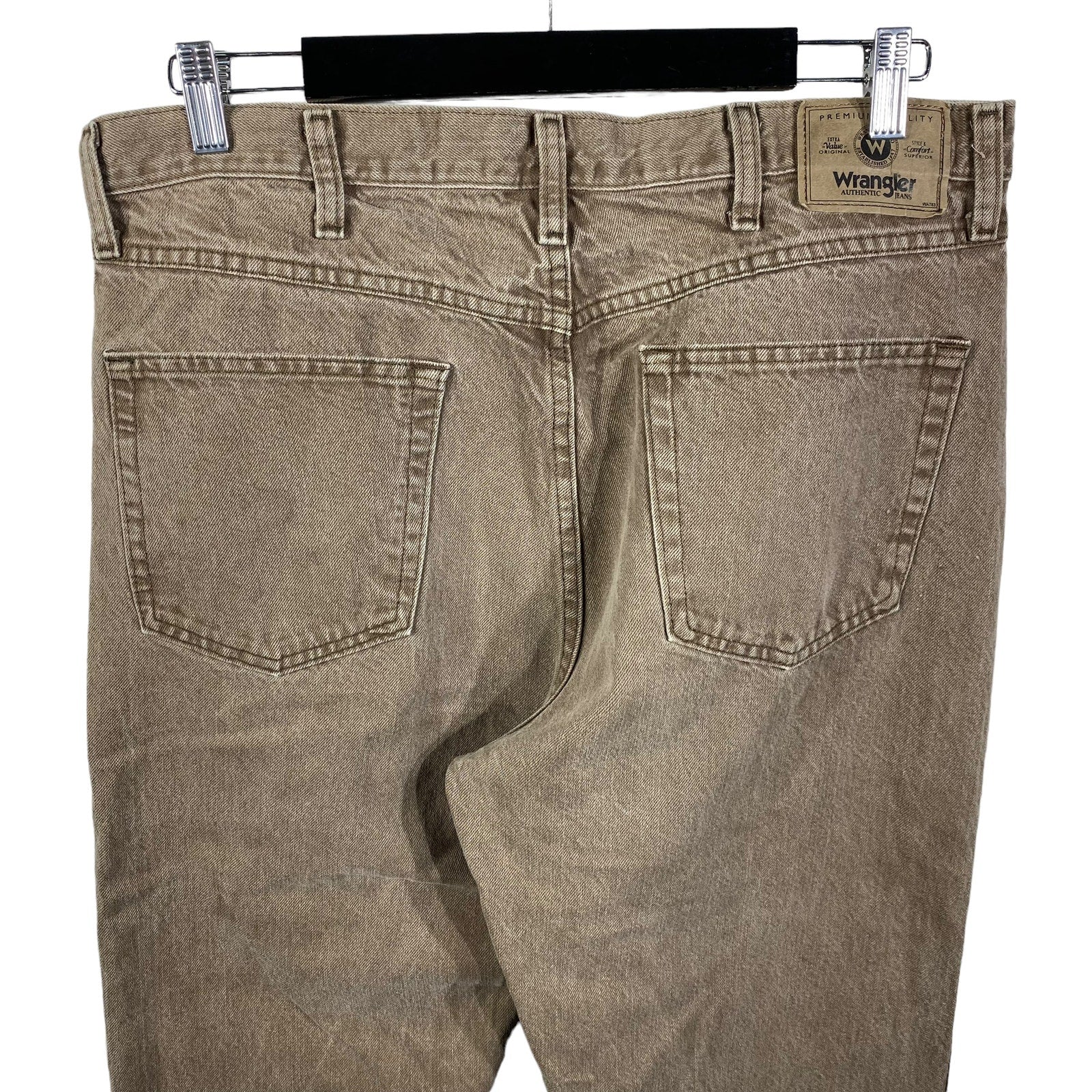 Collection of Wrangler Brown Denim Straight Leg Jeans 36x34 in a gallery layout