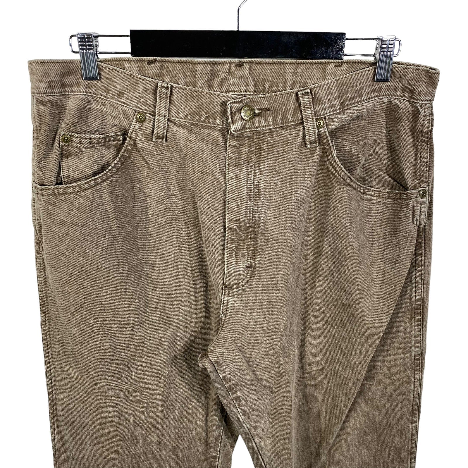 Collection of Wrangler Brown Denim Straight Leg Jeans 36x34 in a gallery layout