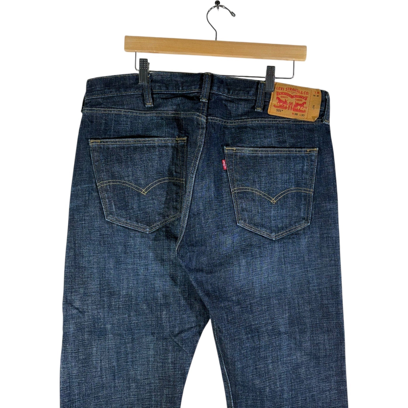 Collection of Levi Red Tab 501 Dark Wash Denim Straight Leg Jeans 38x30 in a gallery layout