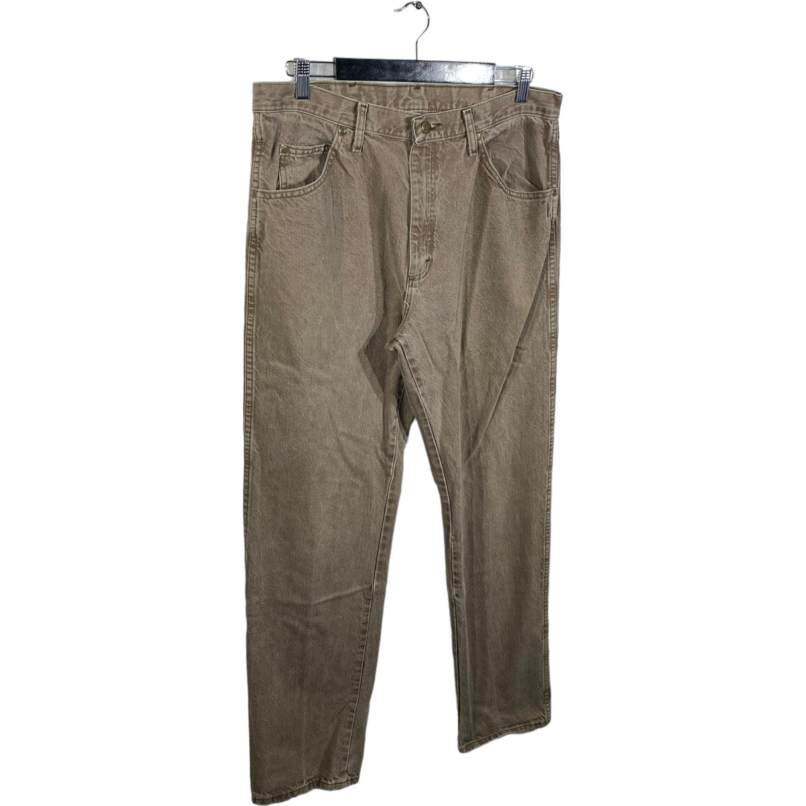 Collection of Wrangler Brown Denim Straight Leg Jeans 36x34 in a gallery layout