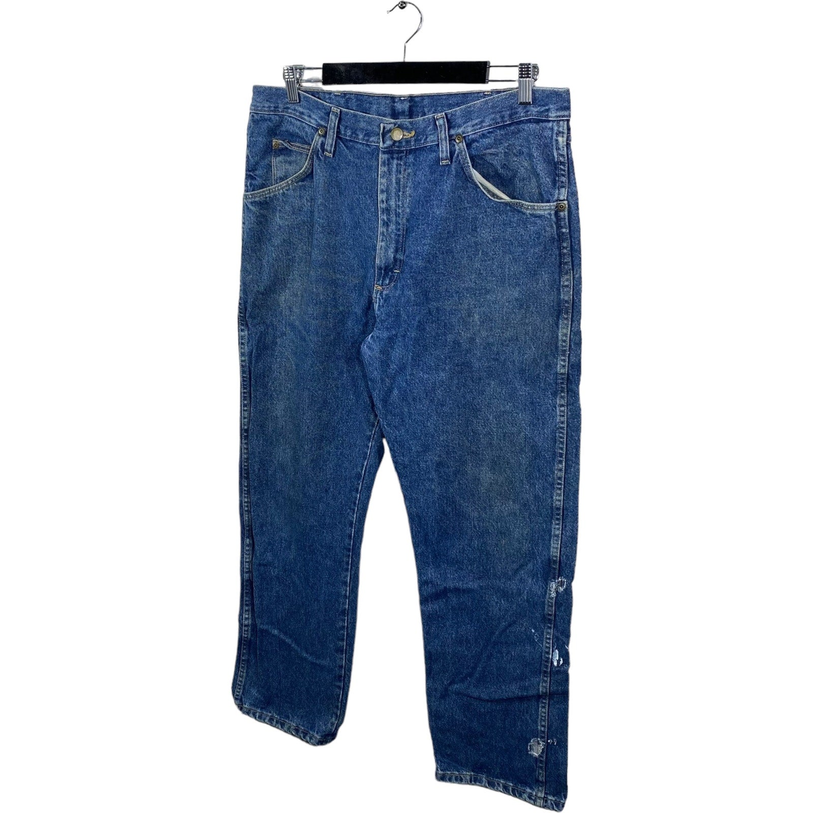 Collection of Wrangler Zip Fly Distressed Straight Leg Dark Wash Denim Pants in a gallery layout