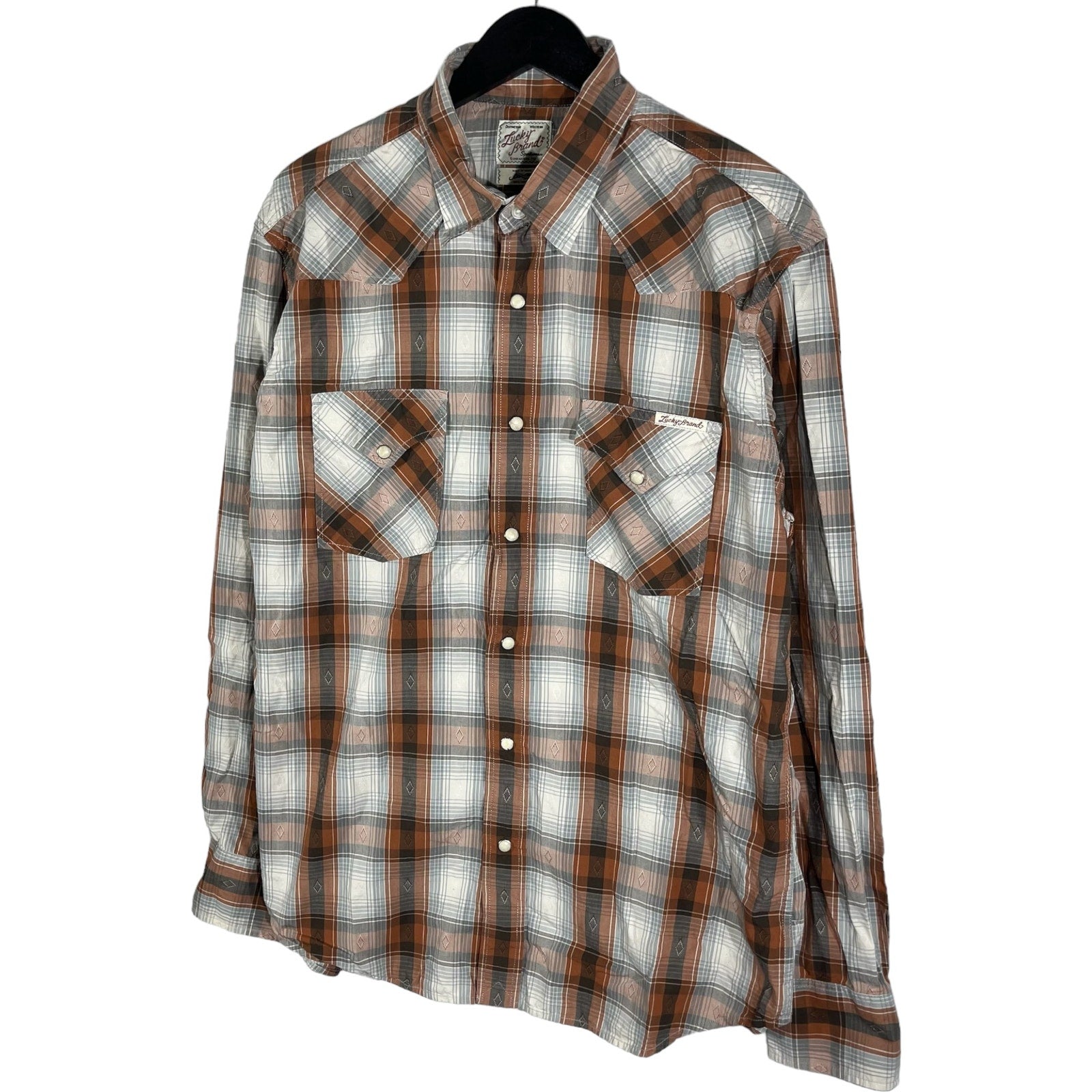 Collection of Lucky Brand Flannel Plaid Long Sleeve Button Down in a gallery layout