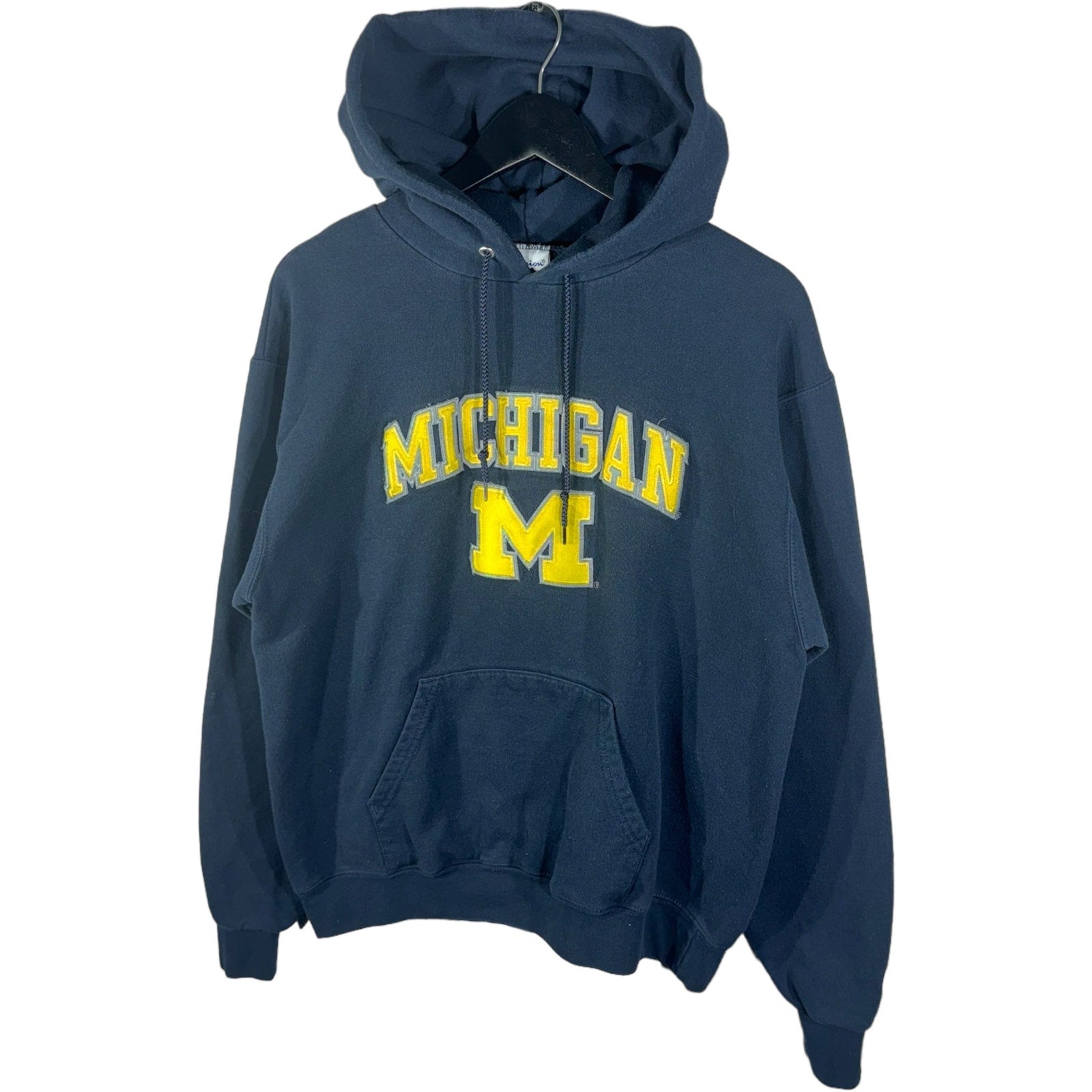 Collection of Champion University Of Michigan Spellout Hoodie in a gallery layout