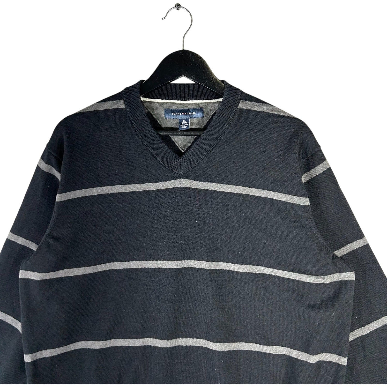 Collection of Tommy Hilfiger Striped V Neck Sweater in a gallery layout