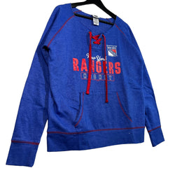 Collection of Youth NHL New York Rangers Chopped Hood 1/4 Lace Neck Crewneck in a gallery layout