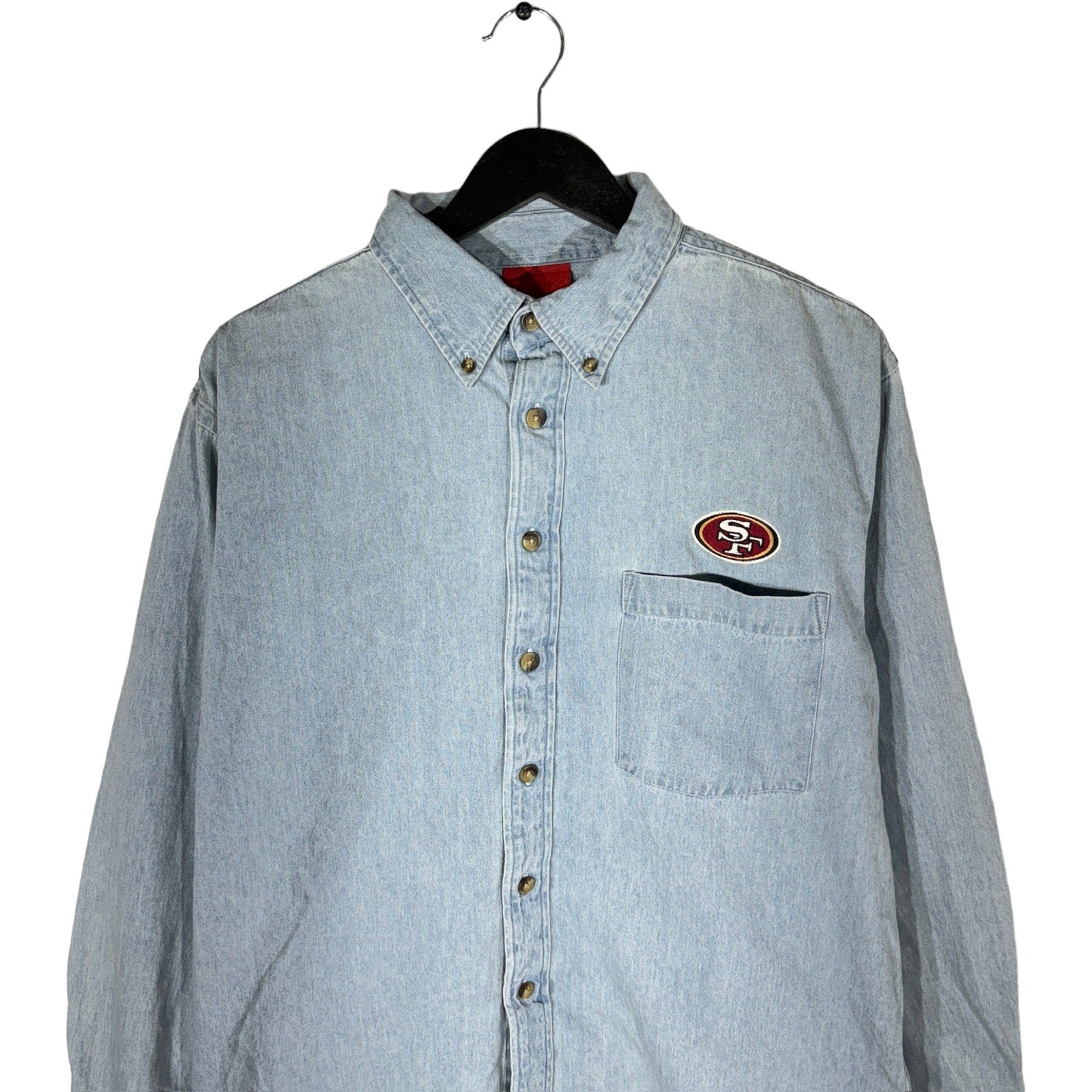 Collection of Vintage Reebok NFL SF 49er's Denim Long Sleeve Button Up in a gallery layout