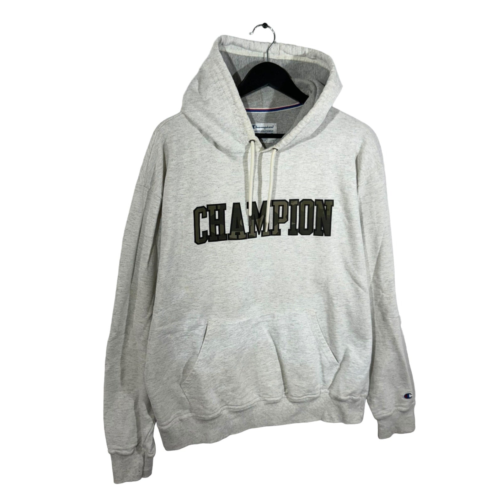 Collection of Champion Camouflage Print Spellout Hoodie in a gallery layout