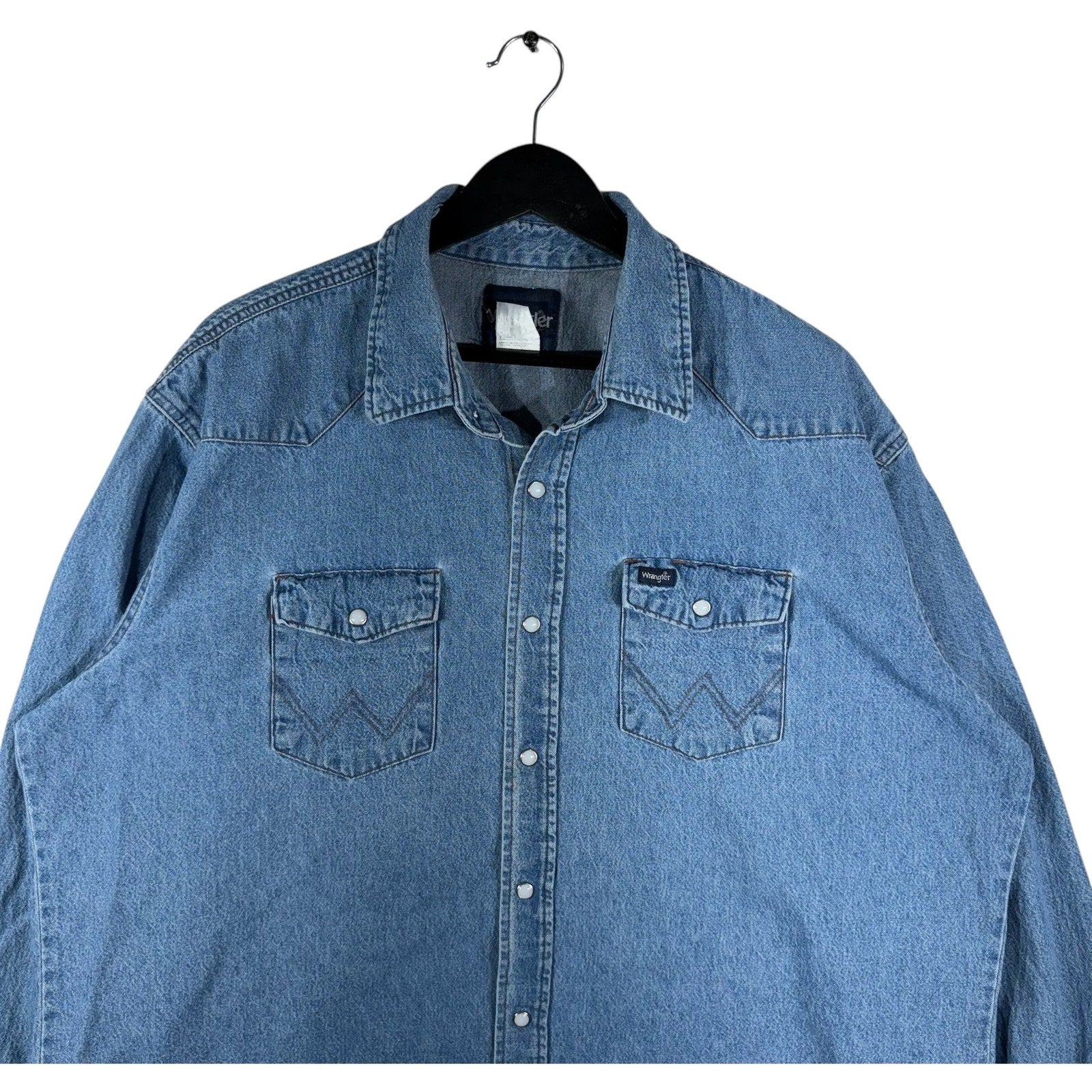 Collection of Vintage Wrangler Pearl Snap Chambray Long Sleeve Button Up 80s in a gallery layout