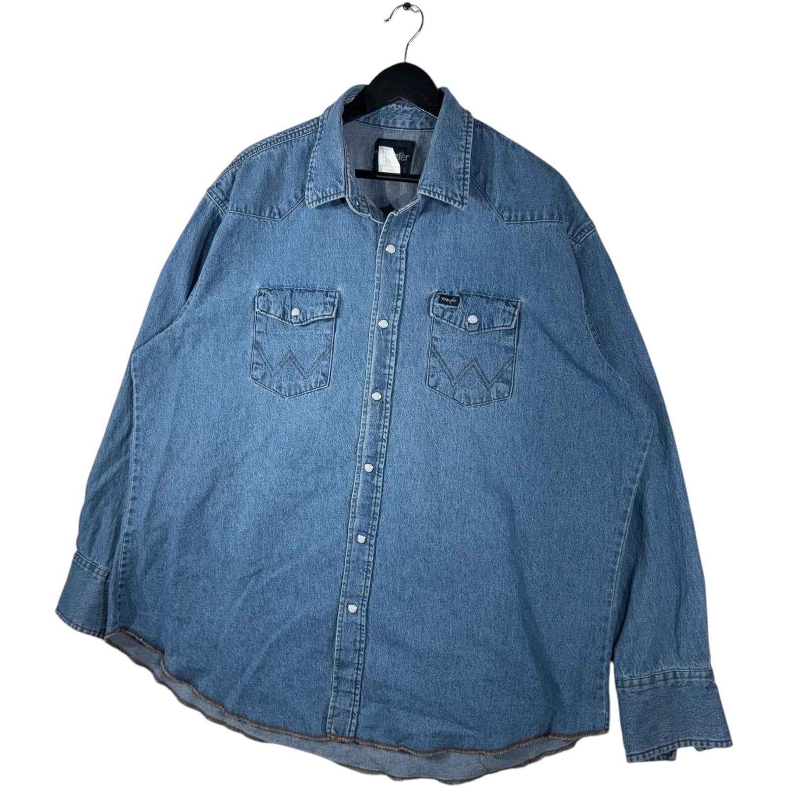 Collection of Vintage Wrangler Pearl Snap Chambray Long Sleeve Button Up 80s in a gallery layout