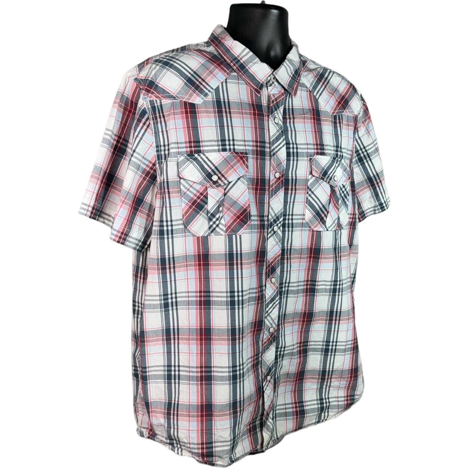 Collection of American Eagle Checkered Short Sleeve Button Up in a gallery layout