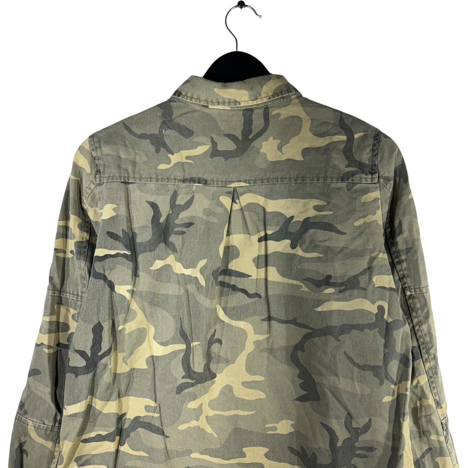 Collection of Zara Trafaluc Camo Military Long Sleeve Button Up in a gallery layout